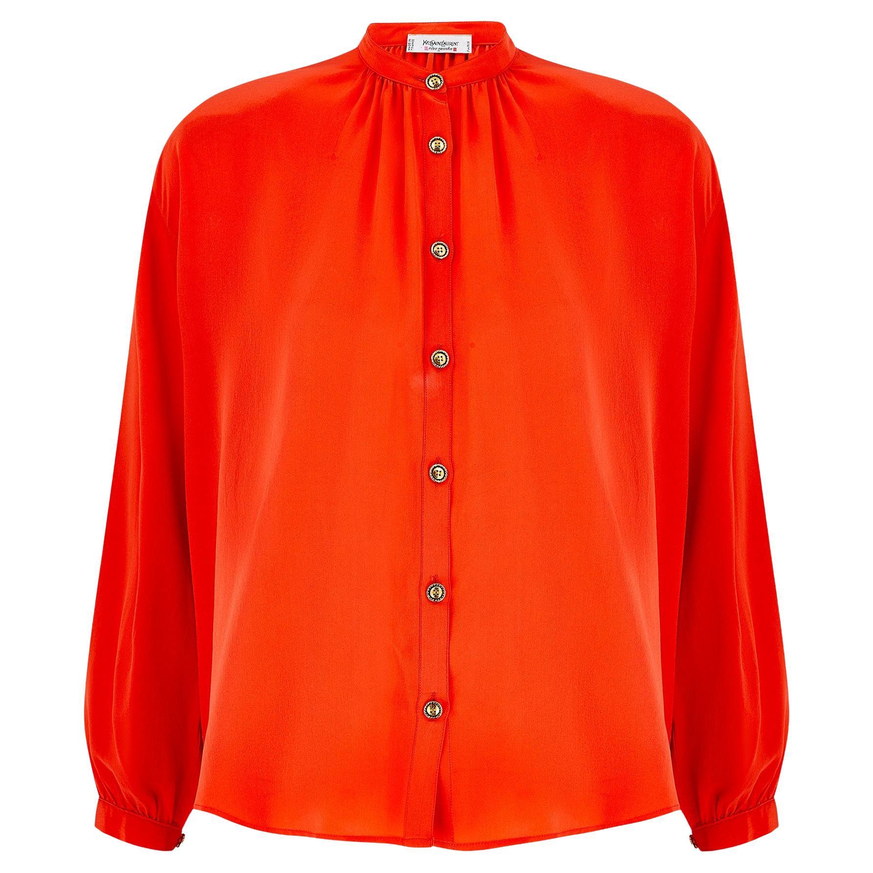 1980s Yves Saint Laurent Orange High Necked Silk Blouse For Sale