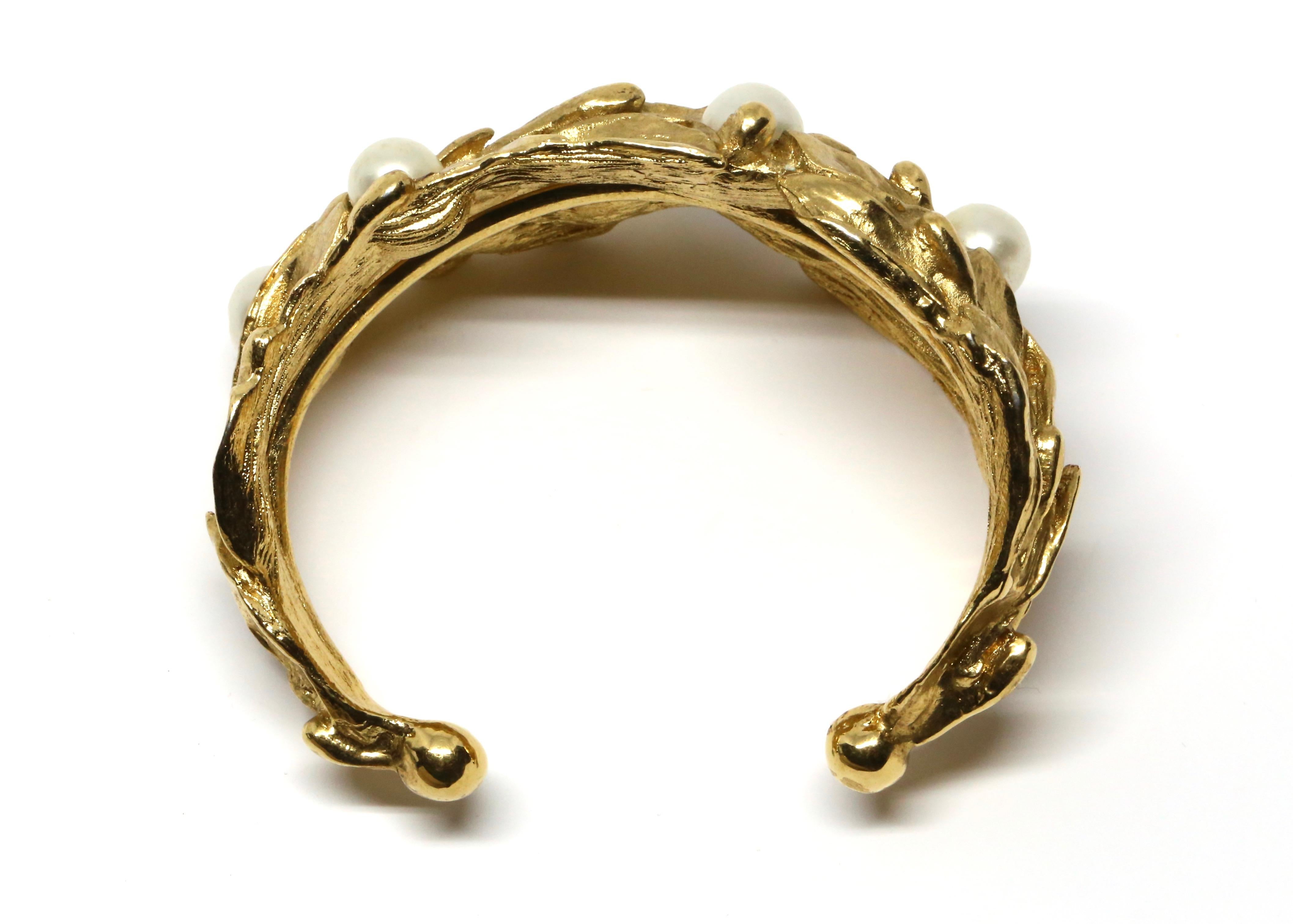 1980's YVES SAINT LAURENT organic leaf cuff with pearls 1