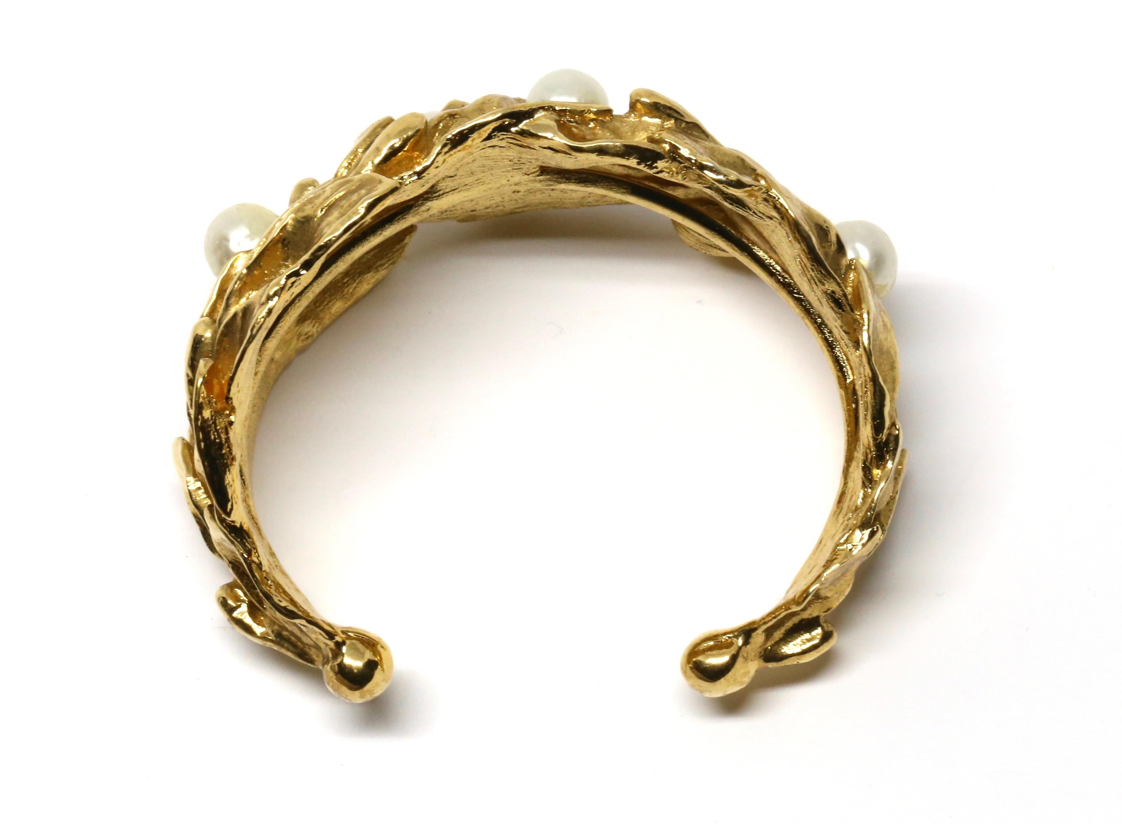 1980's YVES SAINT LAURENT organic leaf cuff with pearls 2