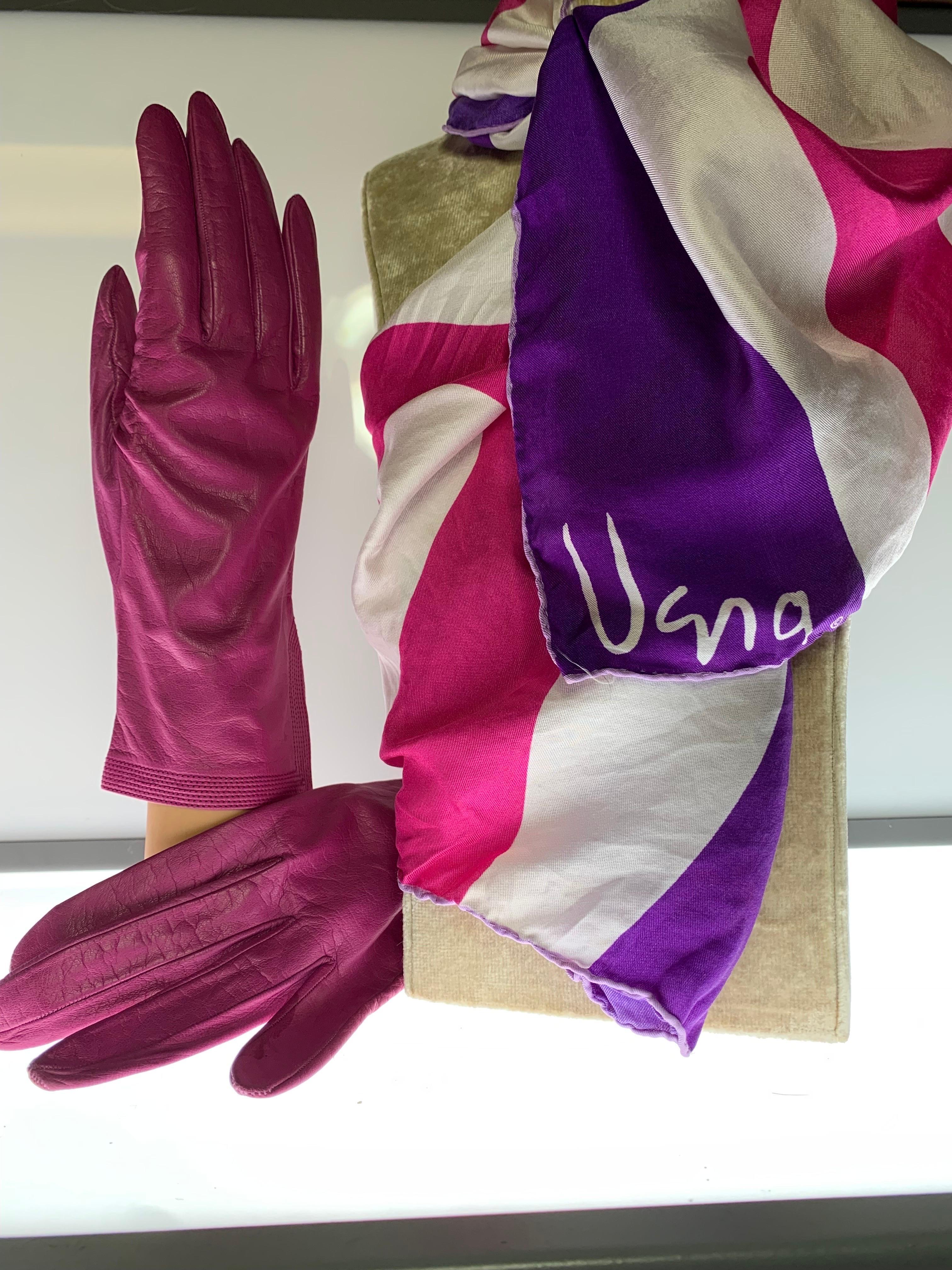 1980s Yves Saint Laurent Pink Kid Leather Gloves & Mod Coordinating Vera Scarf Set:  Gloves have a lovely vented and repeat trapunto stitched detail at side and are lined in silk. New, never worn. Included with a coordinating oblong shape mod print