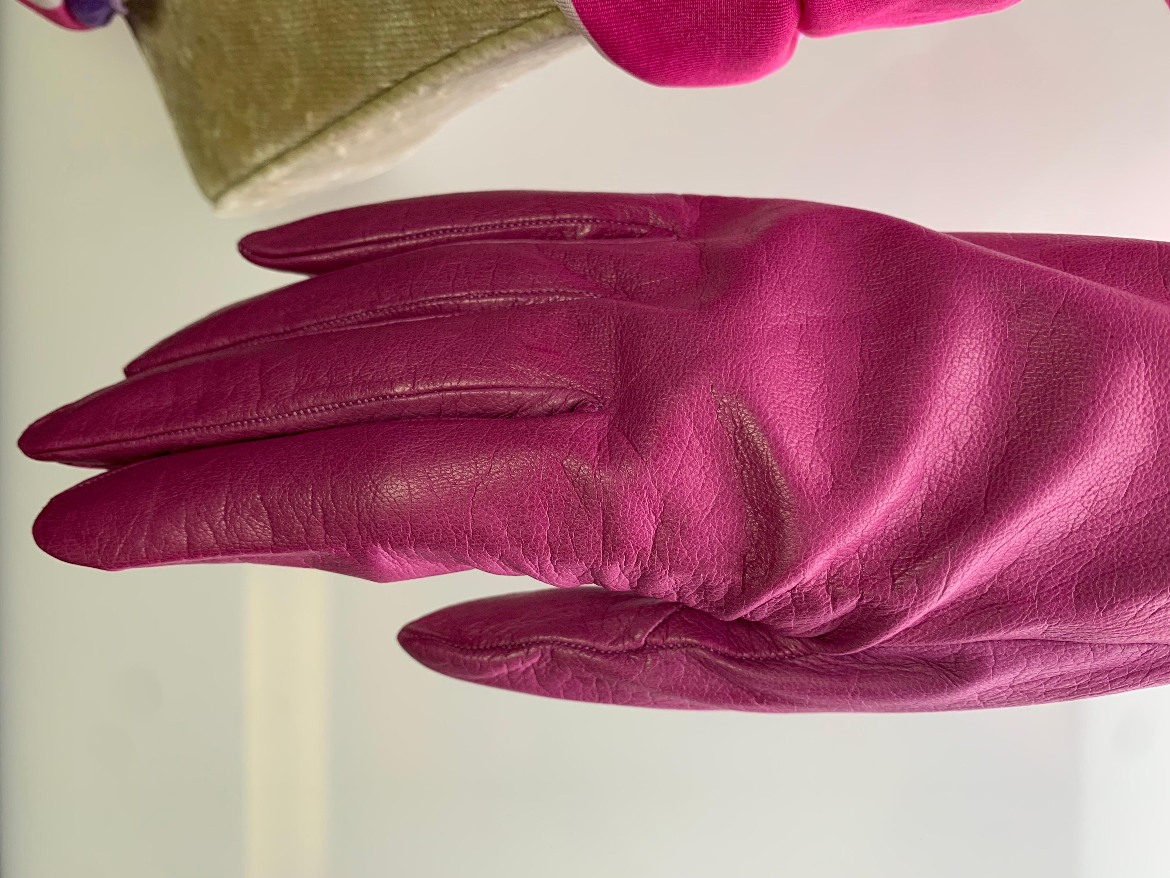 Women's 1980s Yves Saint Laurent Pink Kid Leather Gloves & Mod Coordinating Vera Scarf  For Sale
