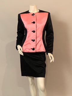 1980's Yves Saint Laurent Pink Satin and Black Ribbed Ottoman Suit