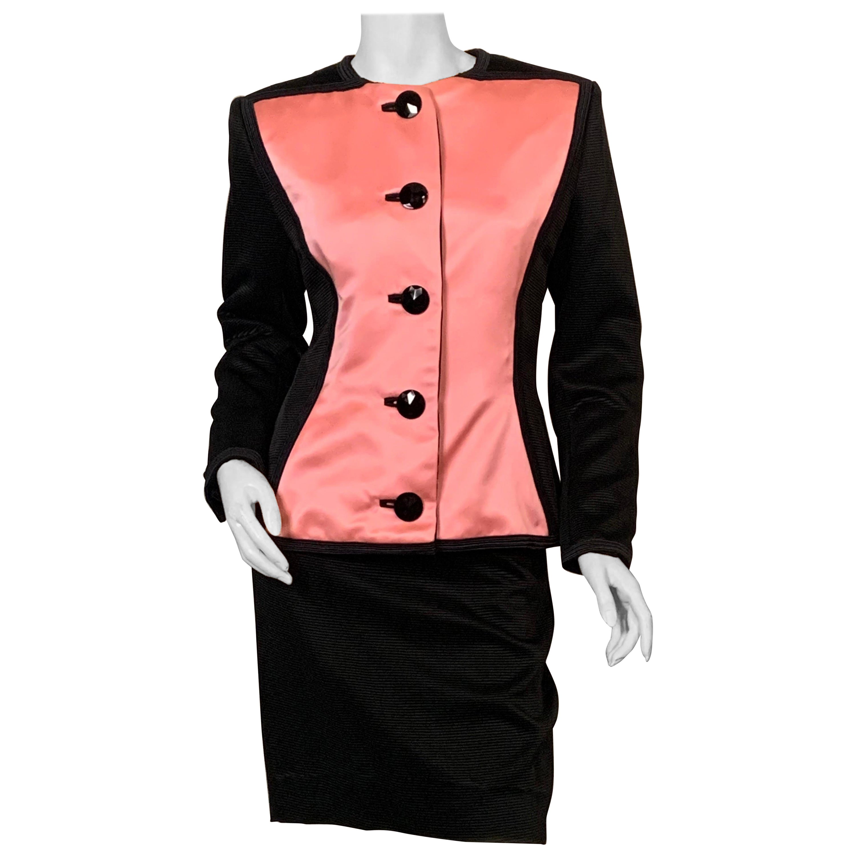 1980
s Yves Saint Laurent Pink Satin and Black Ribbed Ottoman Suit
