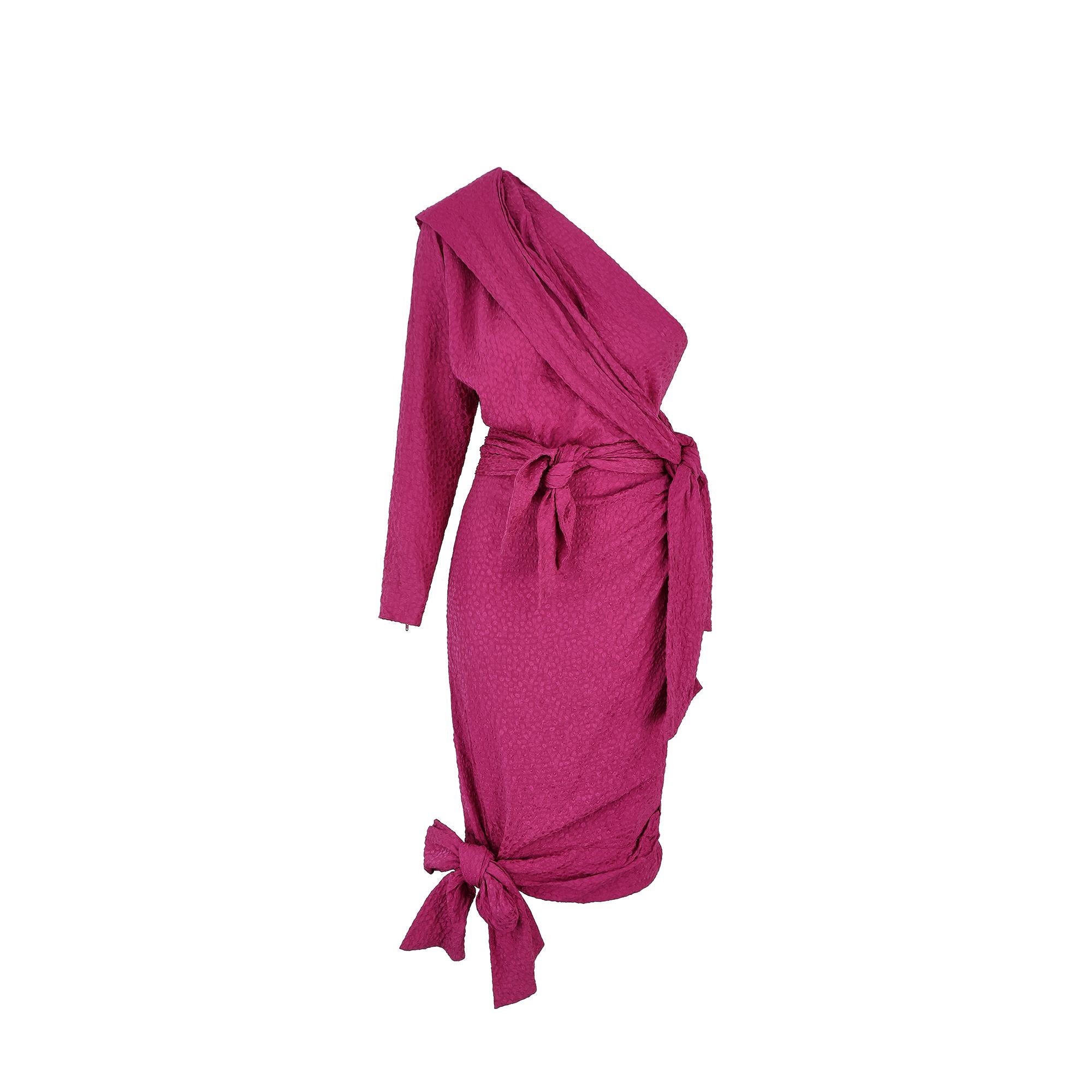 1987 Yves Saint Laurent Pink Silk Asymmetric Dress with Belt For Sale 1