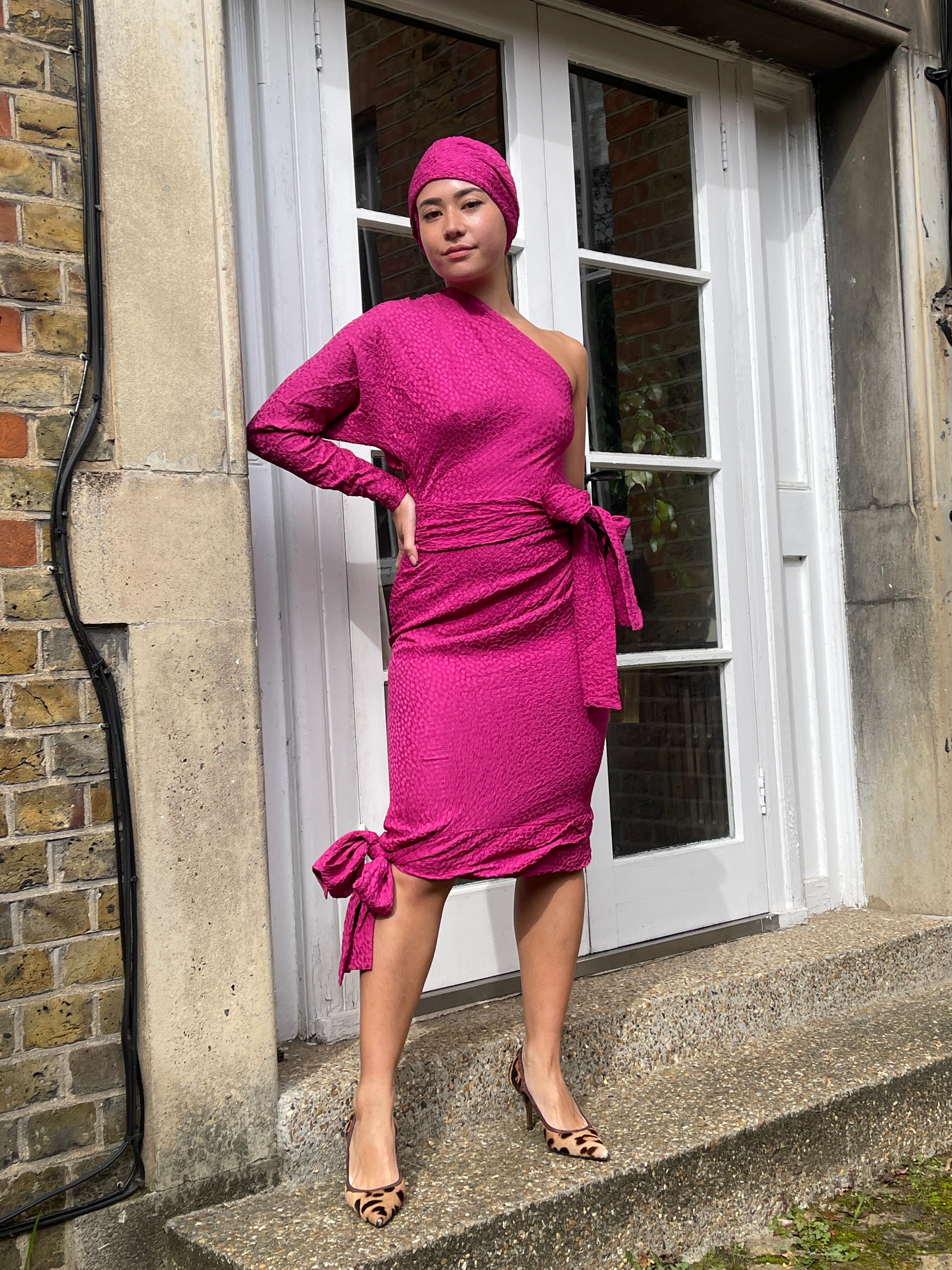 1987 Yves Saint Laurent Pink Silk Asymmetric Dress with Belt For Sale 4