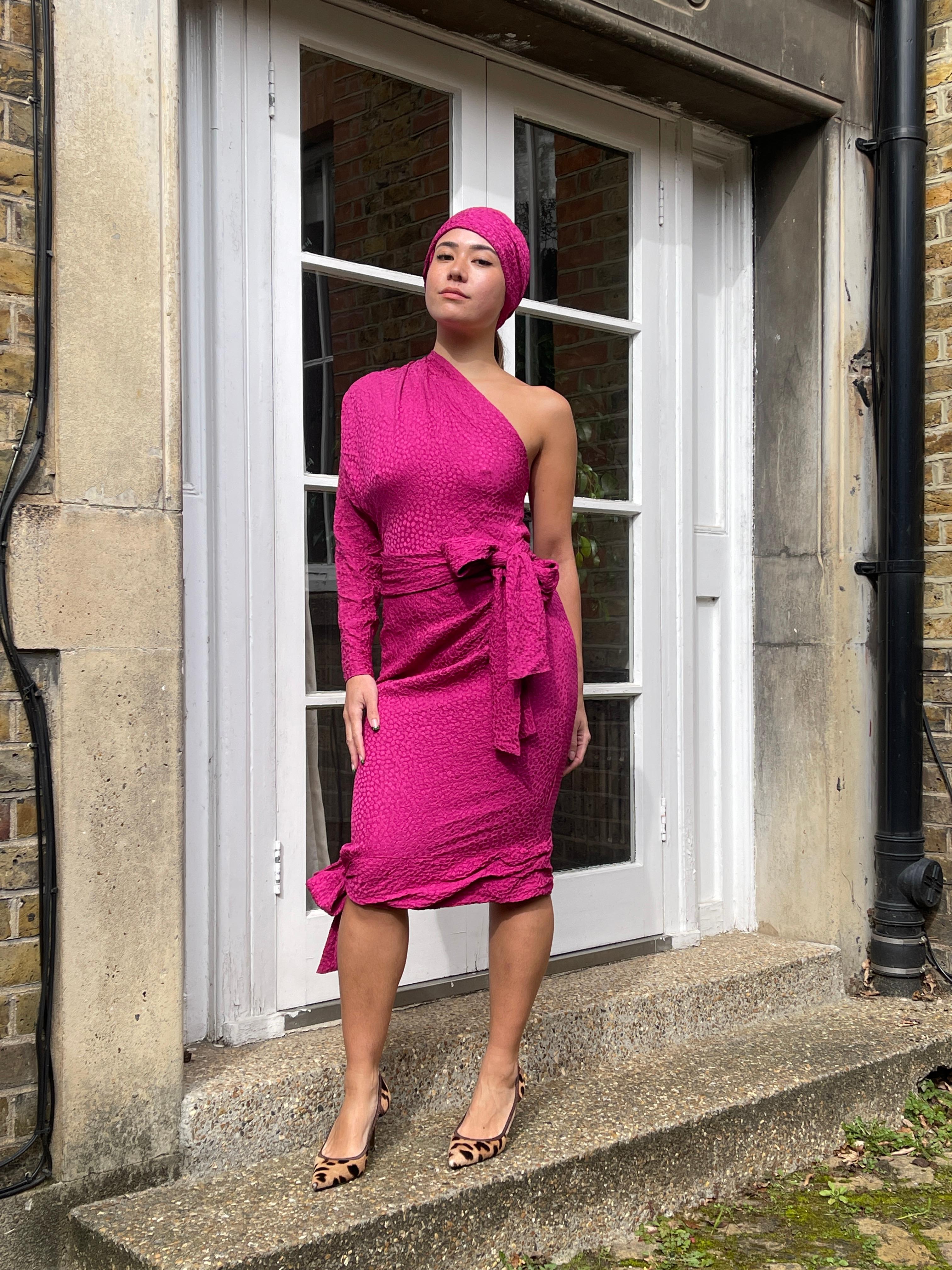 1987 Yves Saint Laurent Pink Silk Asymmetric Dress with Belt For Sale 5