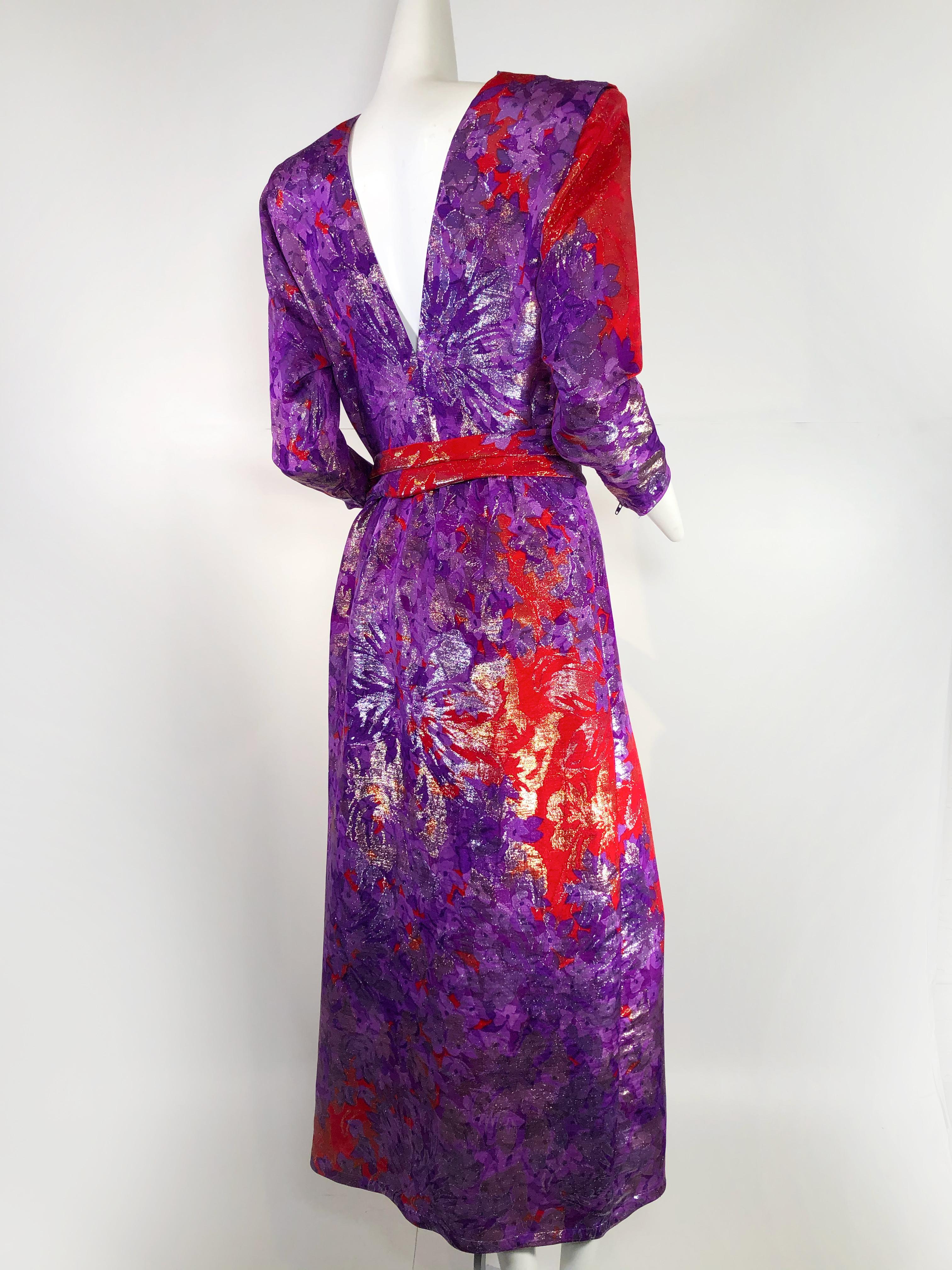 Women's 1980s Yves Saint Laurent Purple, Red and Gold Floral Brocade Gown For Sale