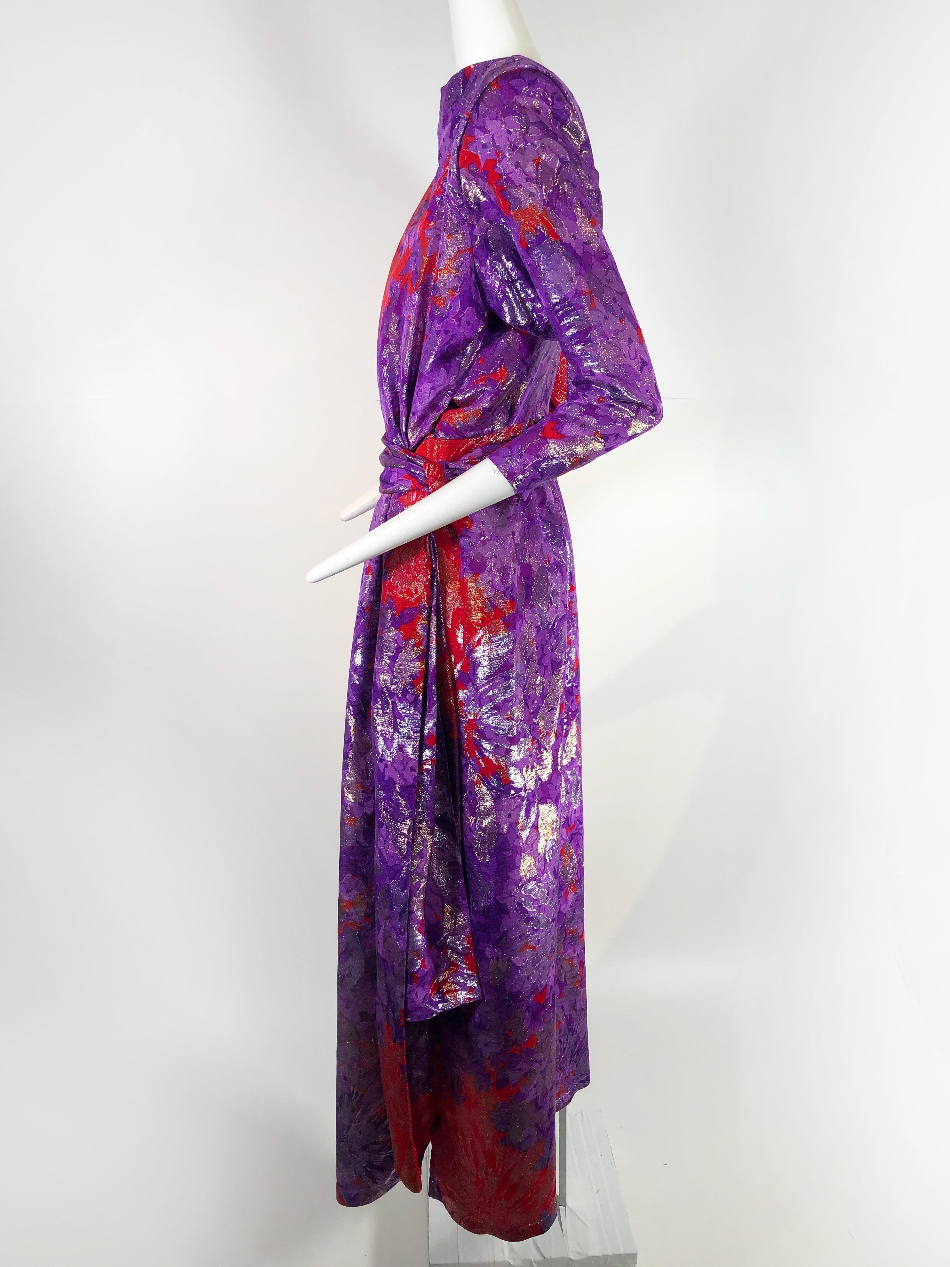 1980s Yves Saint Laurent Purple, Red and Gold Floral Brocade Gown For Sale 2