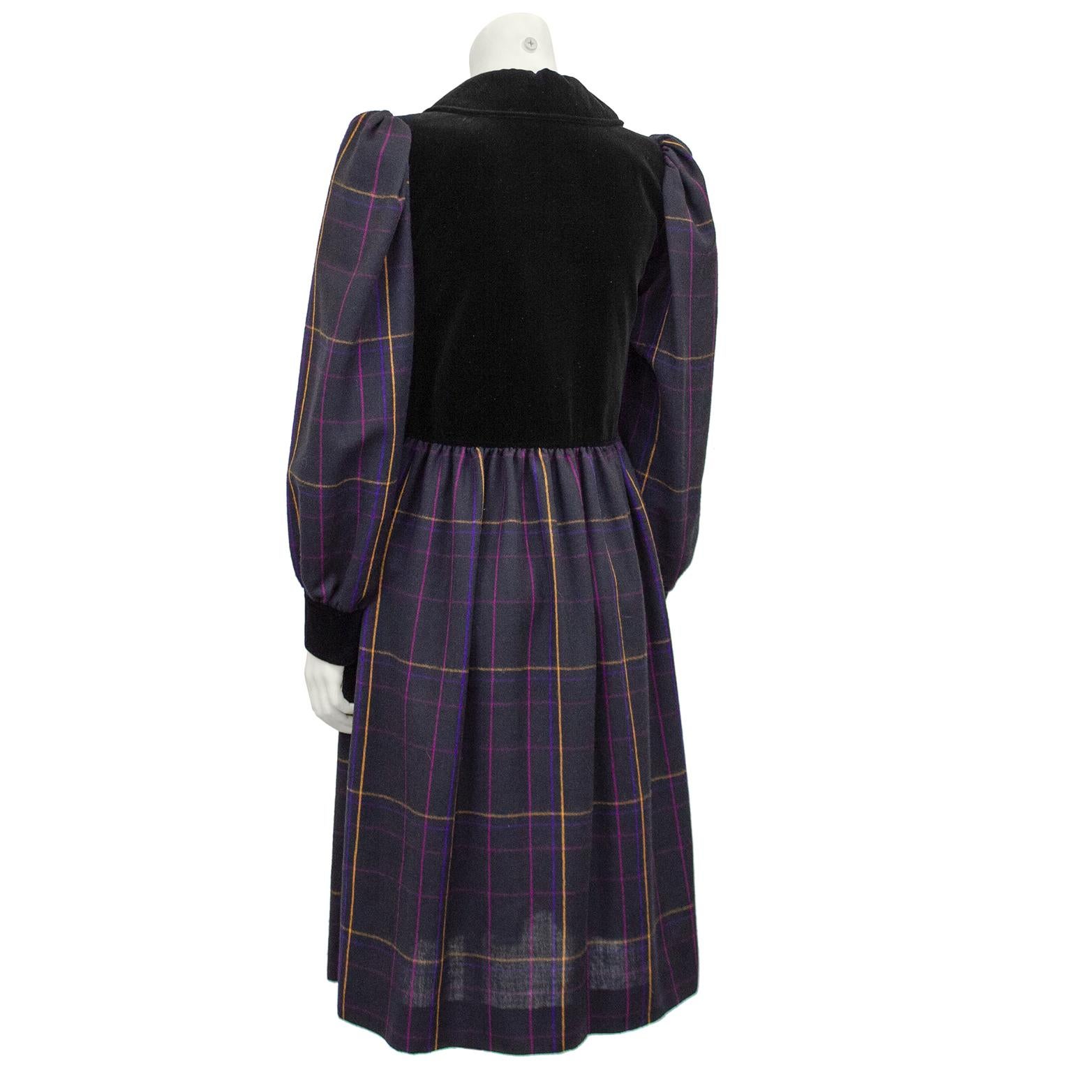 1980s Yves Saint Laurent Purple Tartan and  Black Velvet Peasant Dress  In Good Condition In Toronto, Ontario