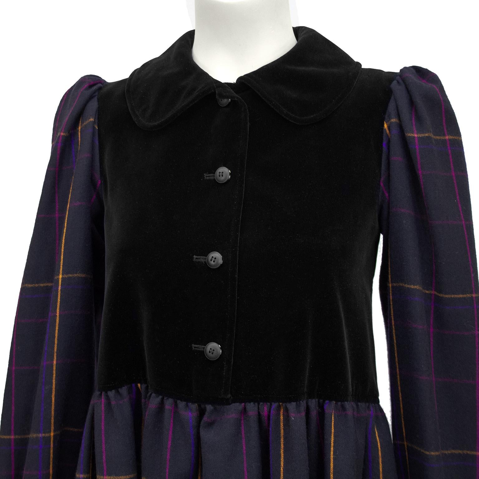 Women's 1980s Yves Saint Laurent Purple Tartan and  Black Velvet Peasant Dress 