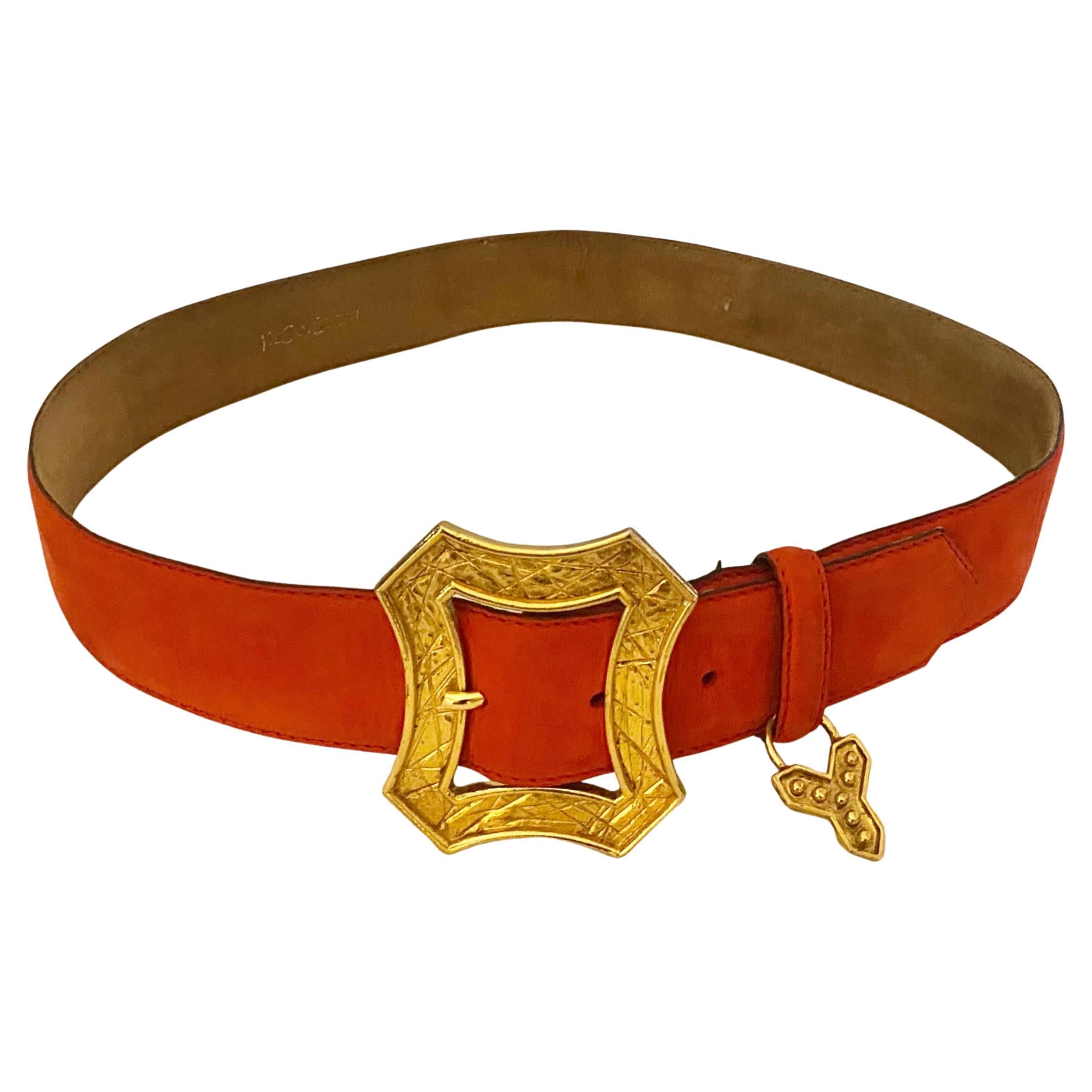 1980s Yves Saint Laurent Red Gold Buckle Suede Charm Belt