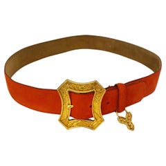 1980s Yves Saint Laurent Red Gold Buckle Suede Charm Belt