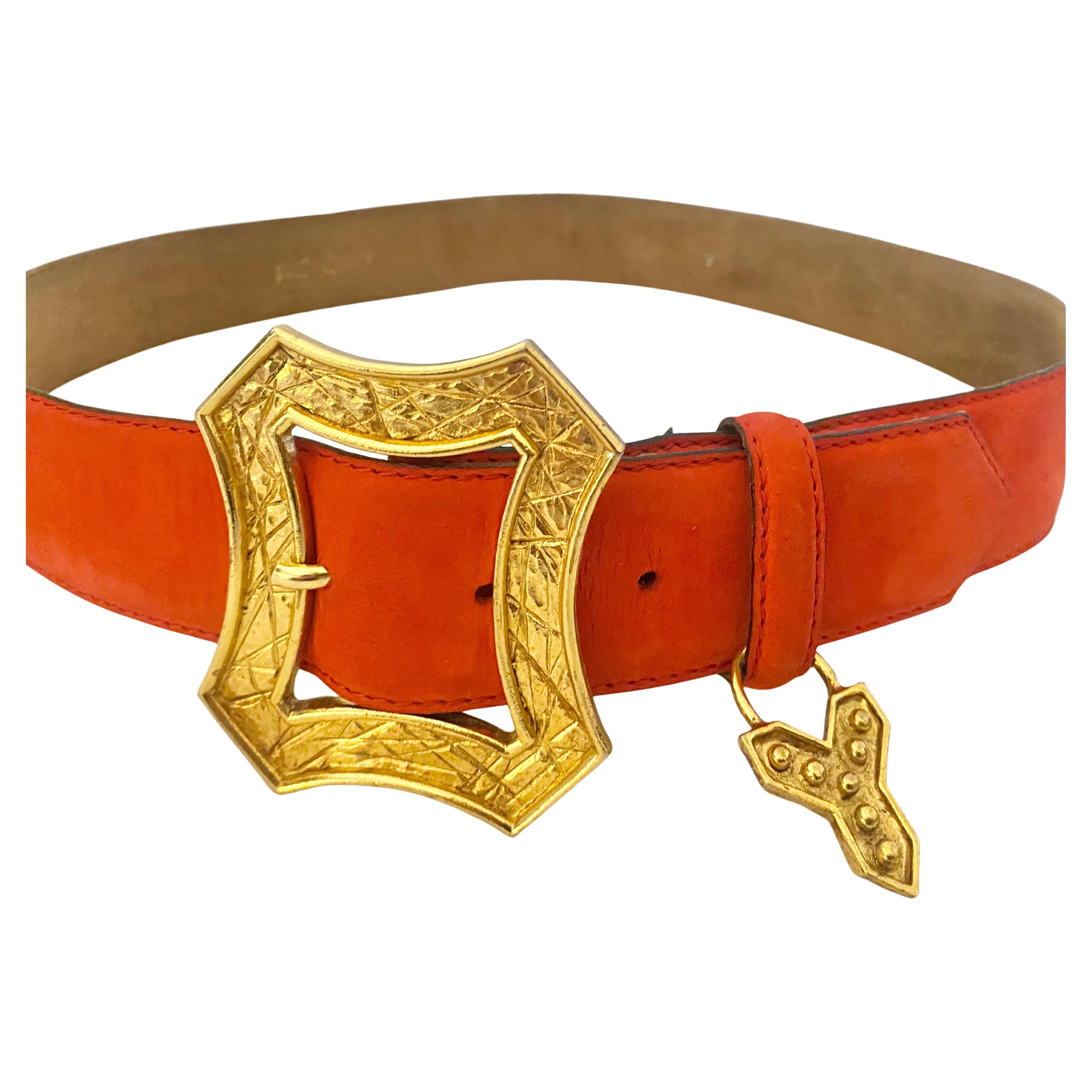 1980s Yves Saint Laurent Red Gold Buckle Suede Charm Belt For Sale 1