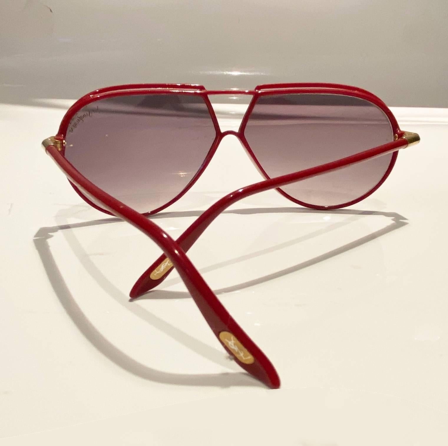 Brown 1980s Yves Saint Laurent Red Teardrop Sunglasses For Sale