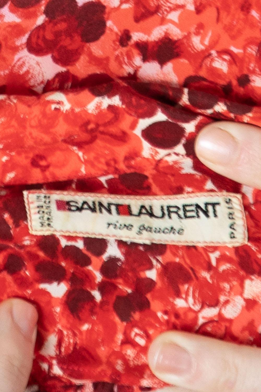 1980S YVES SAINT LAURENT Red & White Floral Silk Crepe De Chine Romantic Day Dr For Sale 6