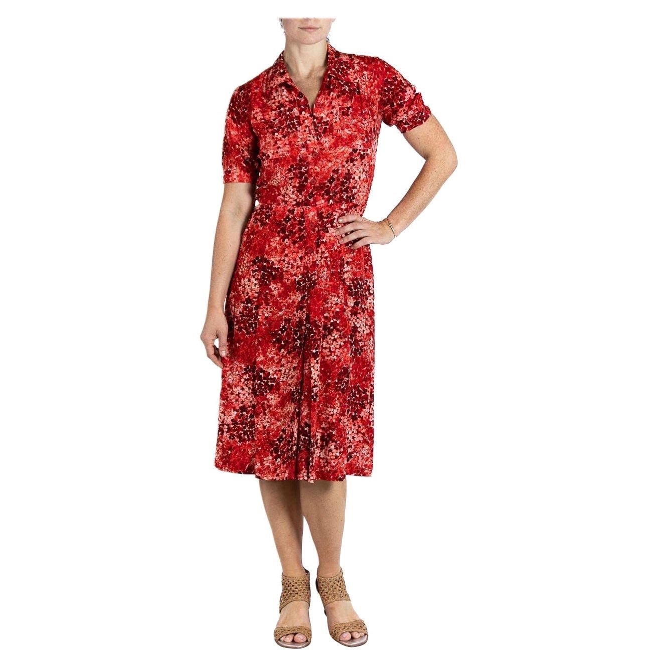 1980S YVES SAINT LAURENT Rojo y Blanco Floral Seda Crepe De Chine Romántico Día Dr en venta