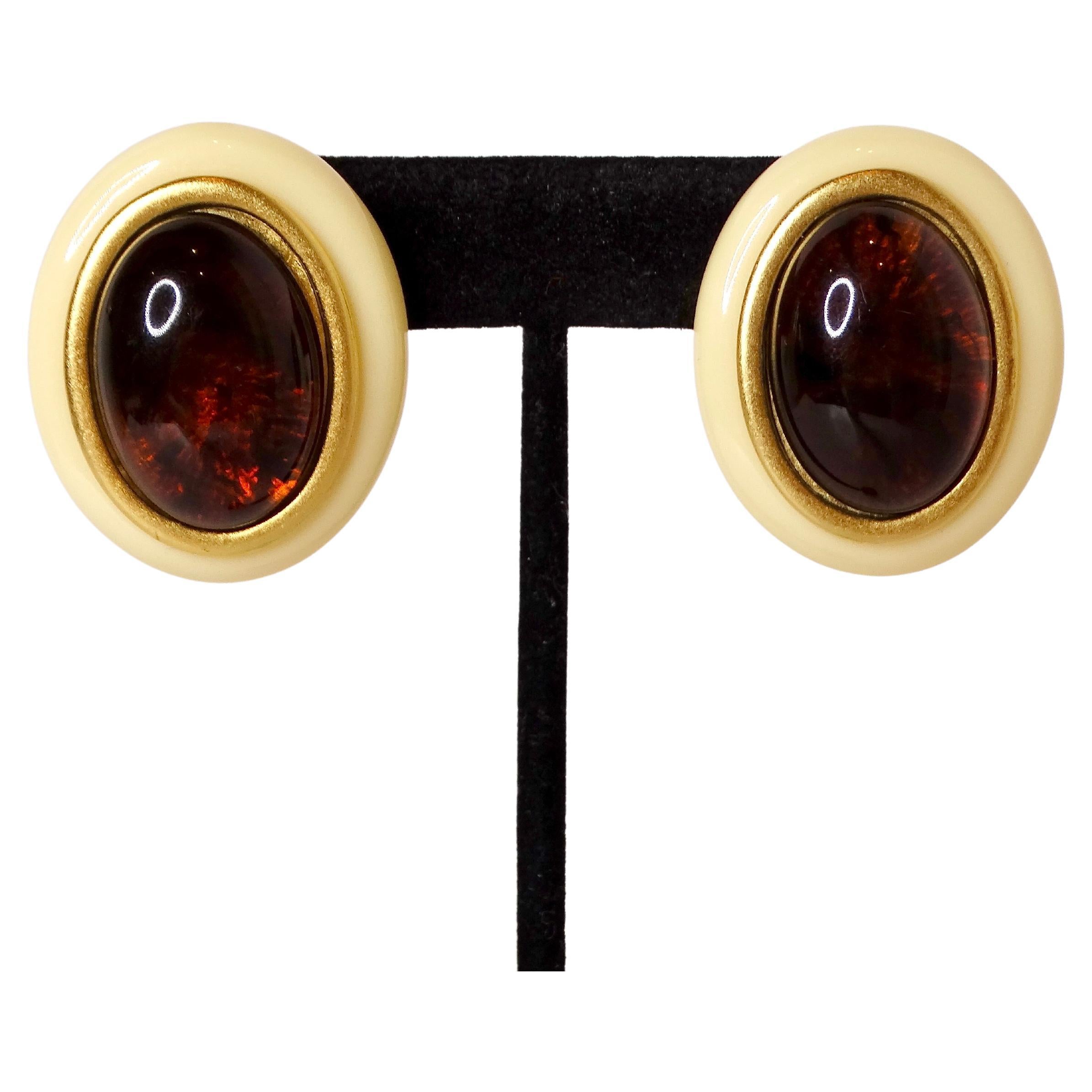 1980s Yves Saint Laurent Resin Costume Amber Cabochon Clip-On Earrings For Sale 1