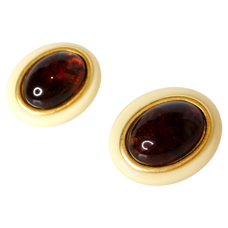 Boucles D'oreilles Vintage Ciner En Cabochon Ambre - Plaqué Or 24 Carats, Occasion