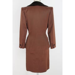 1980s Yves Saint Laurent Rive Gauce Brown Satin Velvet Skirt Suit Dress