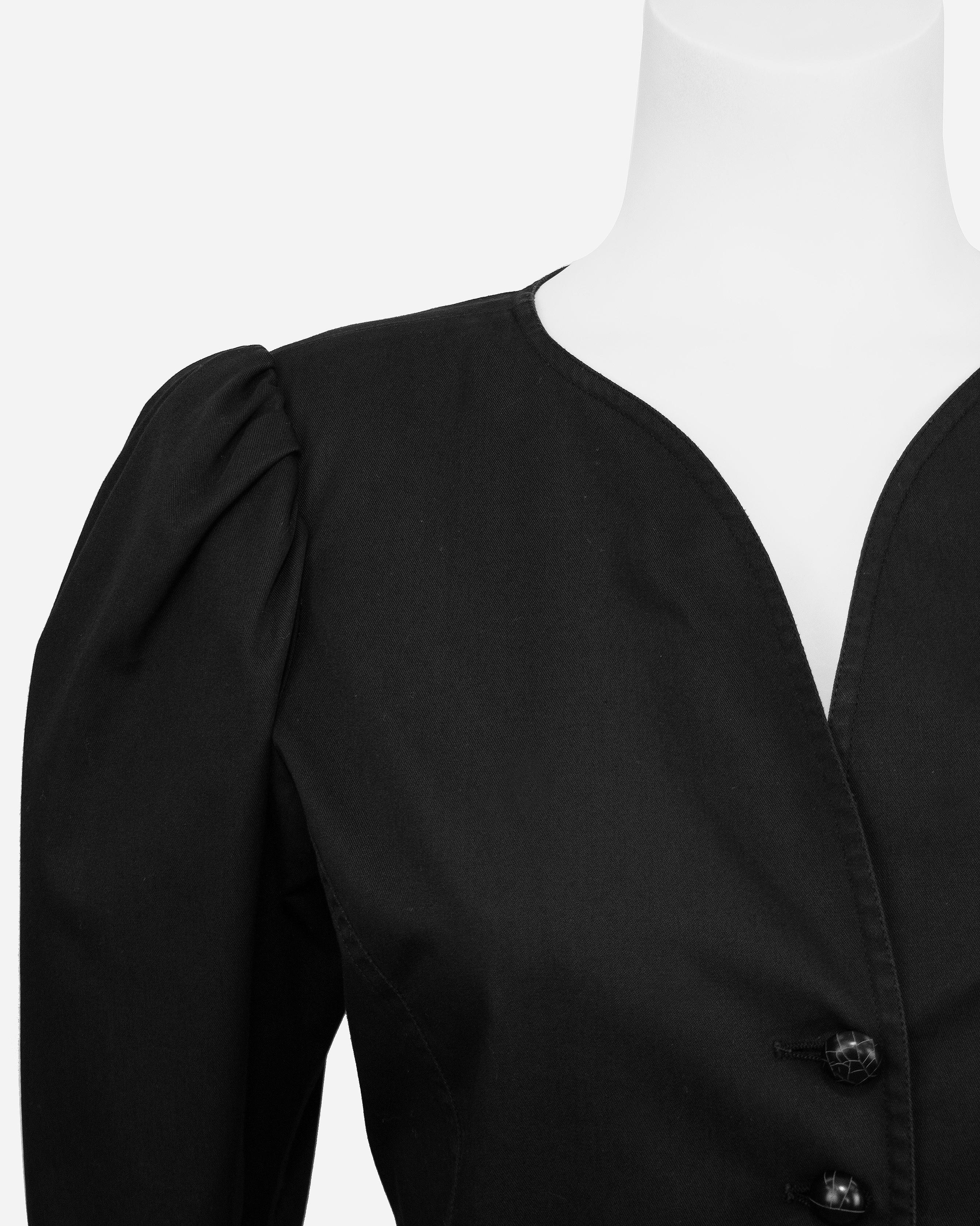 Women's 1980s Yves Saint Laurent Rive Gauche Black Cotton Peplum Jacket For Sale
