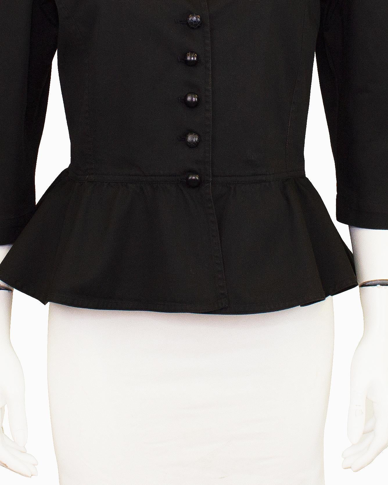 1980s Yves Saint Laurent Rive Gauche Black Cotton Peplum Jacket For Sale 1