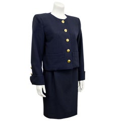 1980s YSL Yves Saint Laurent Rive Gauche Navy Blue Skirt Suit
