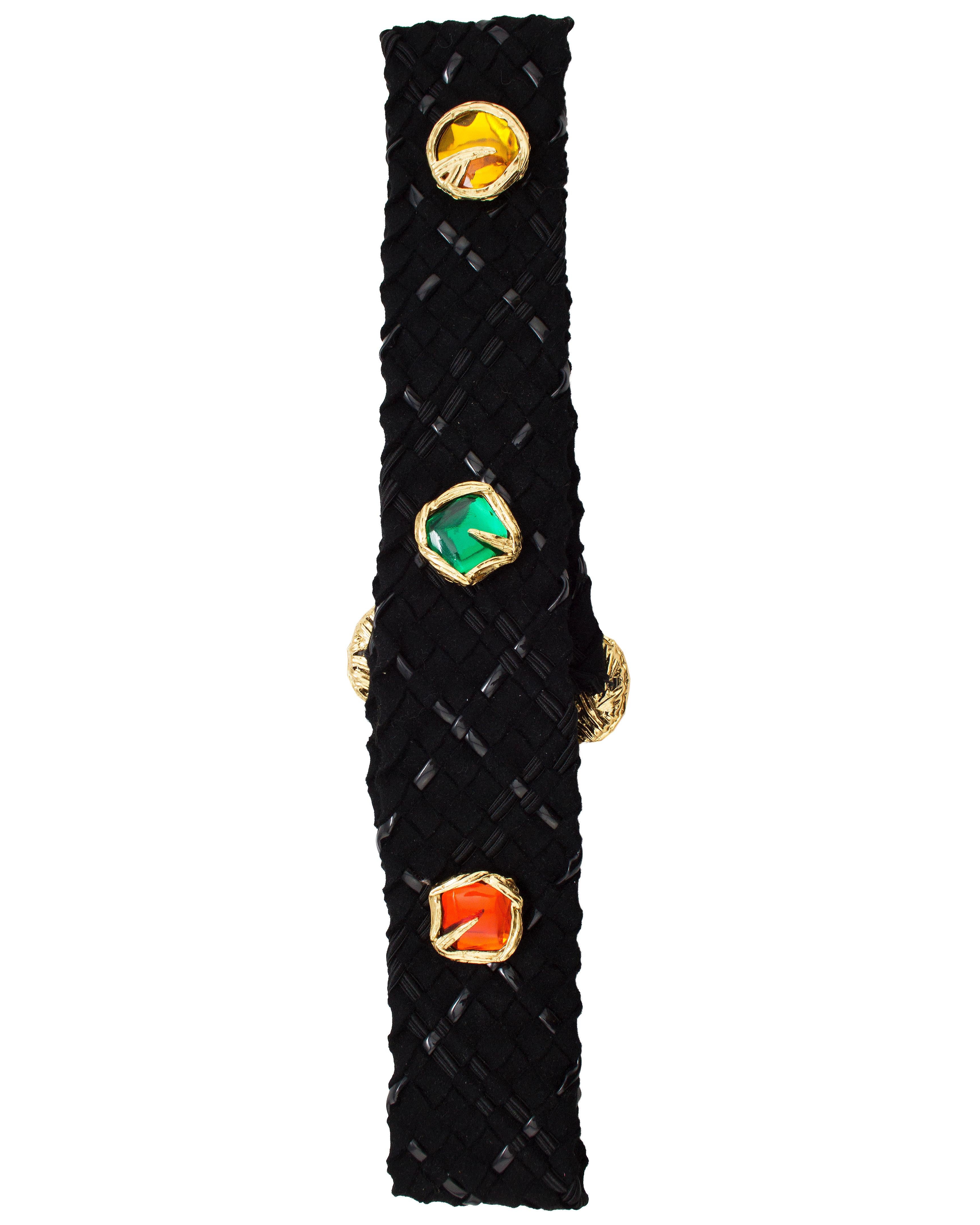 1980s Yves Saint Laurent Rive Gauche woven black faux suede and vinyl. Large gold tone and multi-coloured poured glass detail with a small Y motif detail on the centre amber stone. Five 1