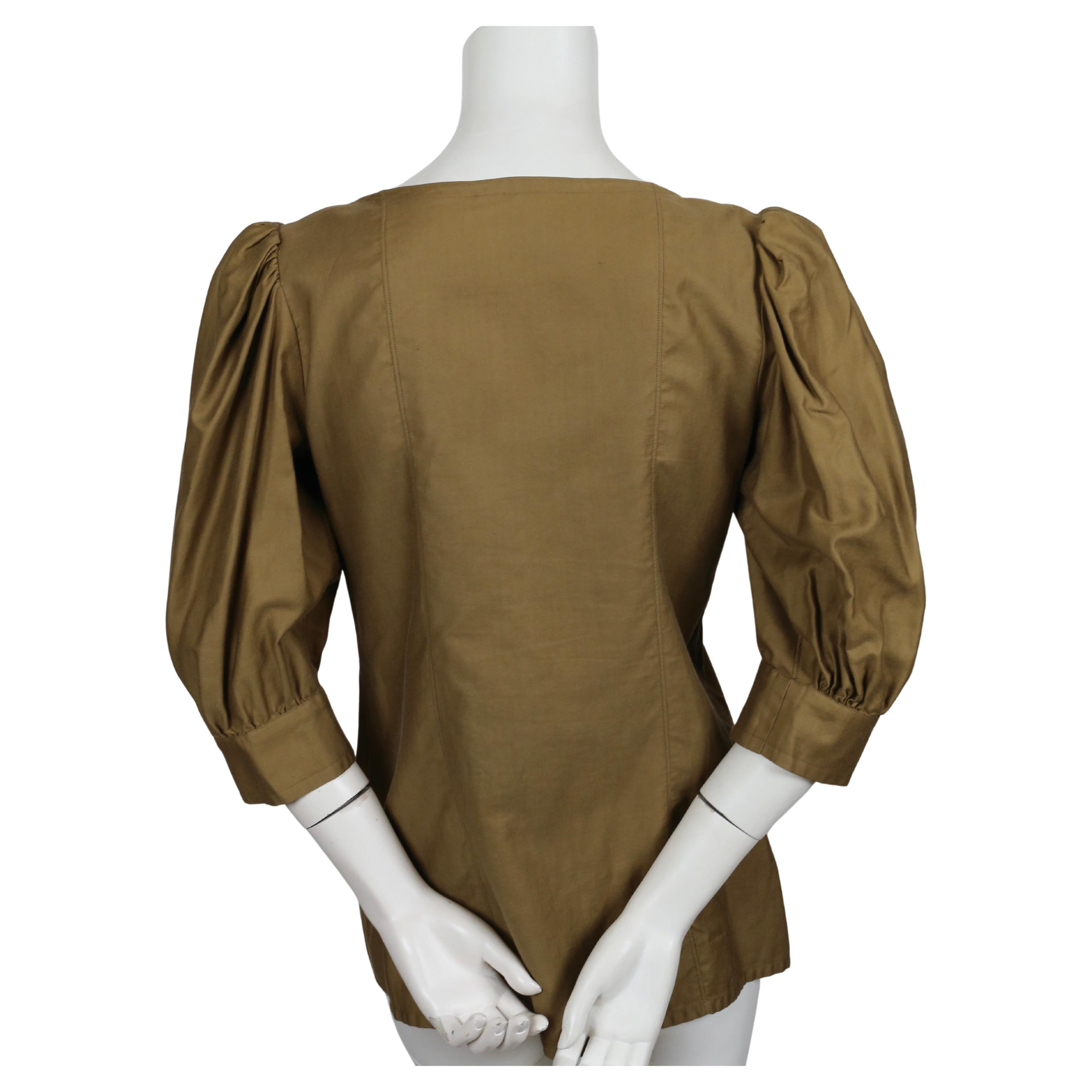 Women's 1983 YVES SAINT LAURENT rive gauche khaki cotton RUNWAY top with puffed sleeves For Sale