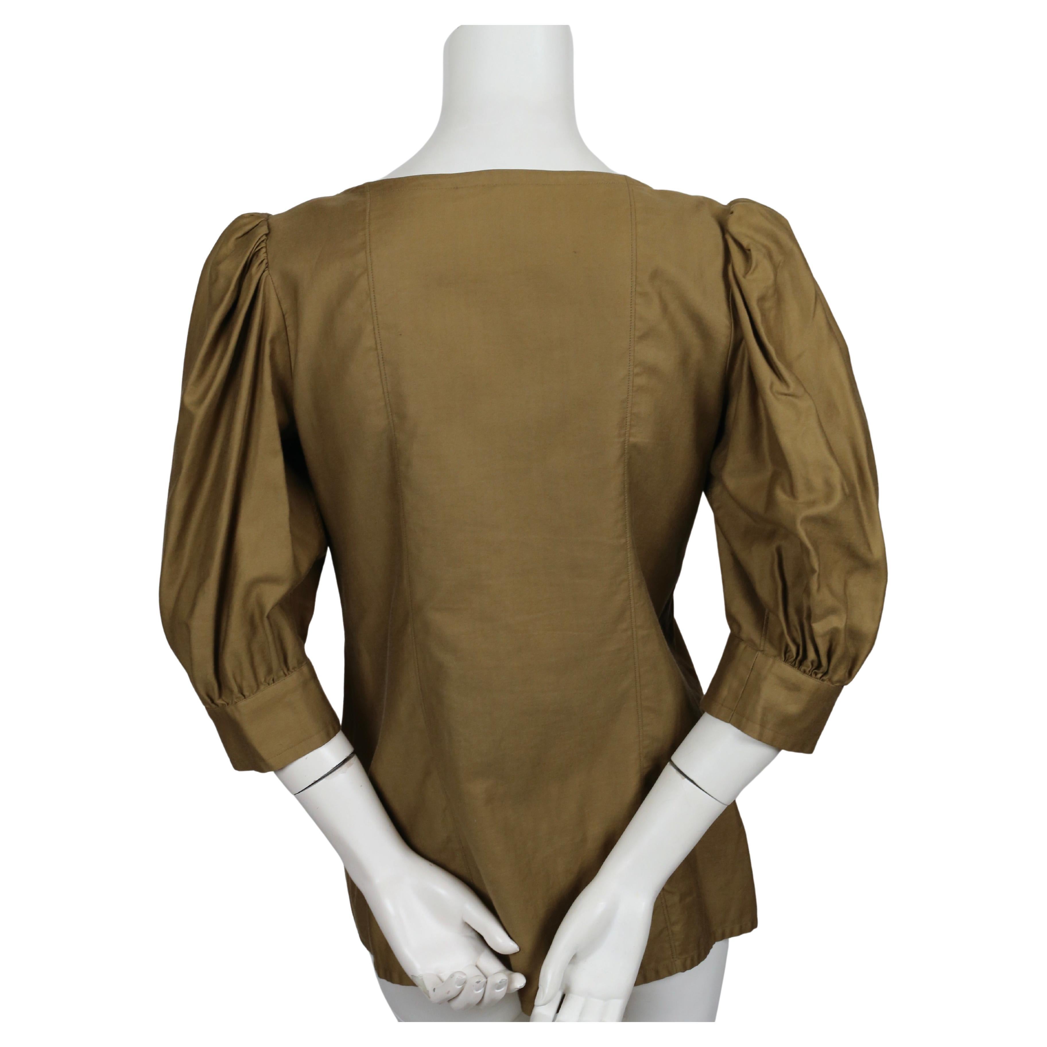 1980's YVES SAINT LAURENT rive gauche khaki green cotton top with puffed sleeves For Sale 1