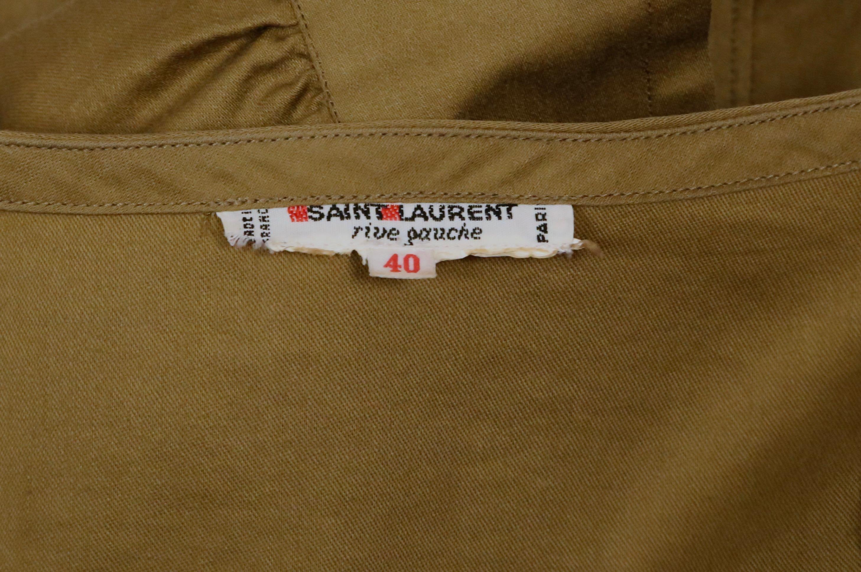 1980's YVES SAINT LAURENT rive gauche khaki green cotton top with puffed sleeves For Sale 2