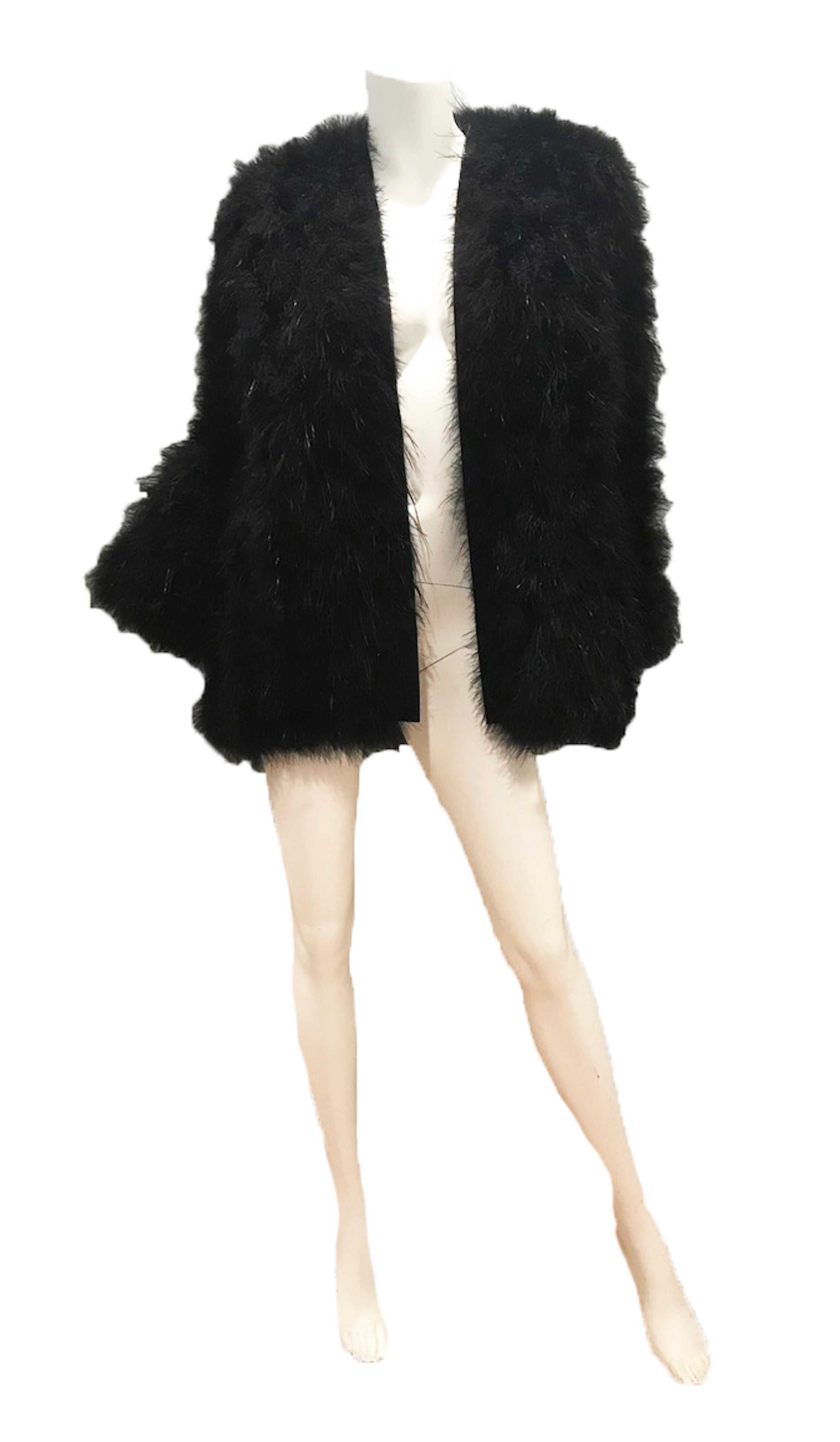 Wonderful 1980s Yves Saint Laurent Rive Gauche oversized black feather marabou jacket. 
Condition: Excellent,  with tags.
Size Small - Medium ( mannequin is a US size 6 ) 
