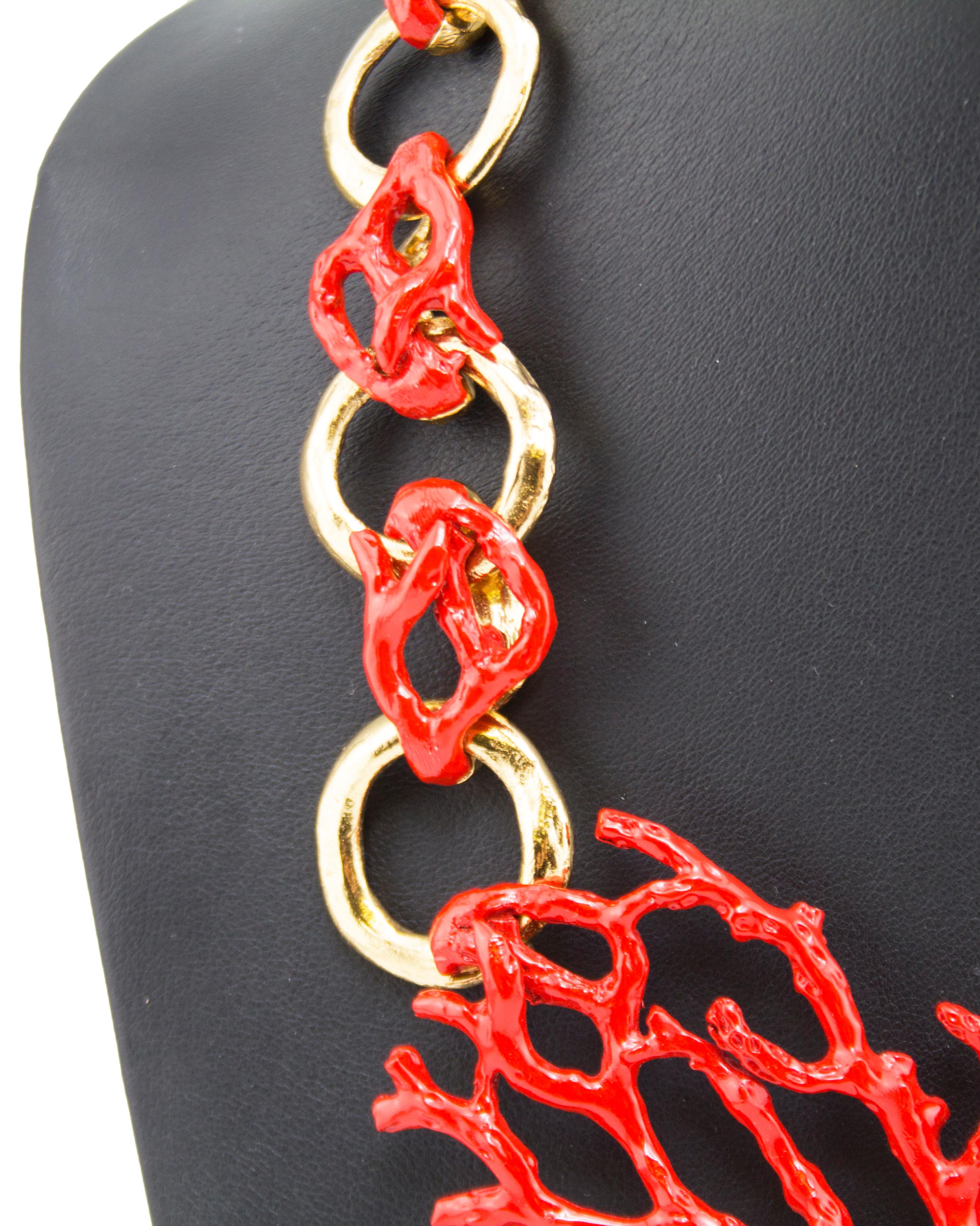1980s Yves Saint Laurent Rive Gauche Red Enamel & Gold Coral Necklace  In Good Condition In Toronto, Ontario