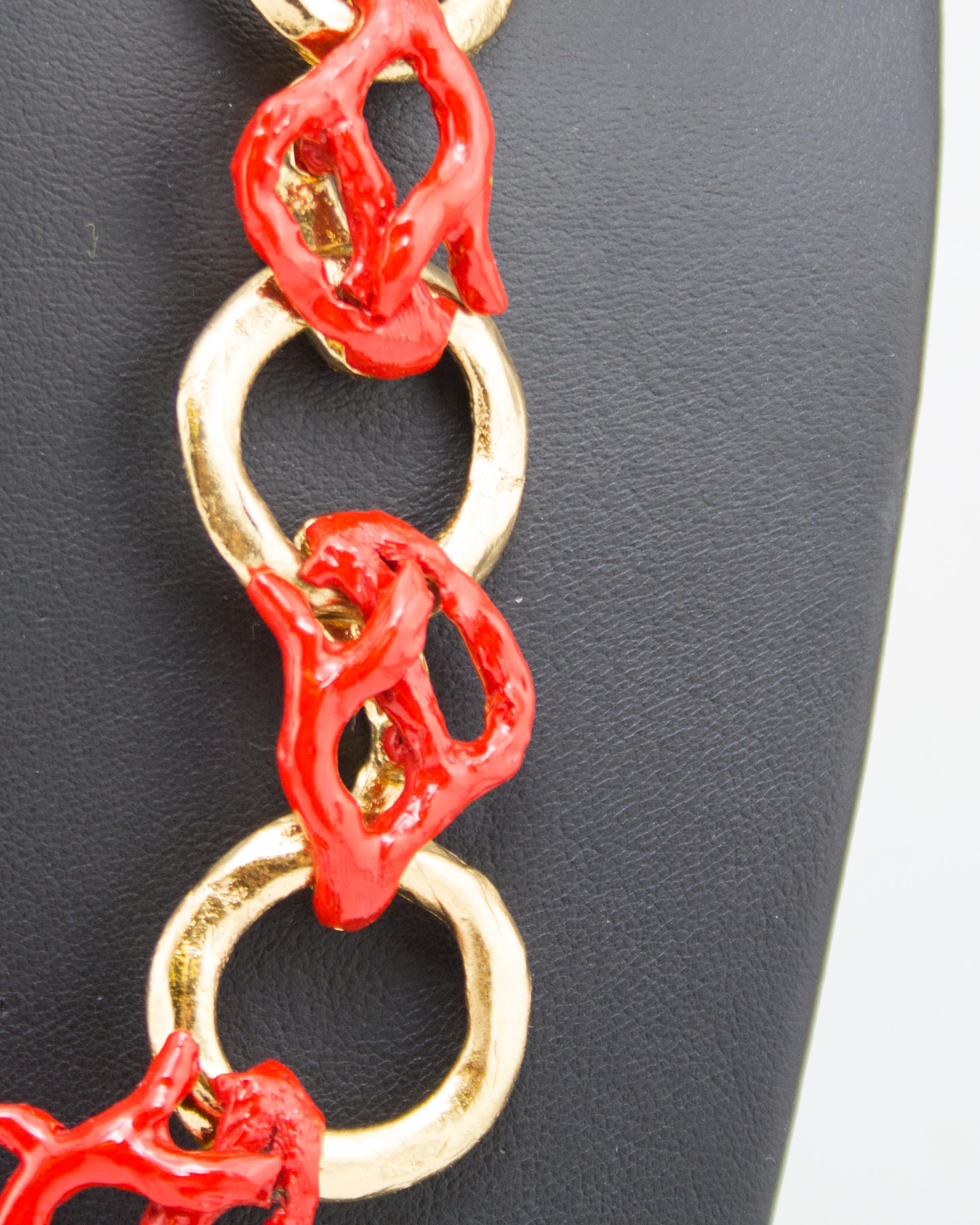 Women's 1980s Yves Saint Laurent Rive Gauche Red Enamel & Gold Coral Necklace 