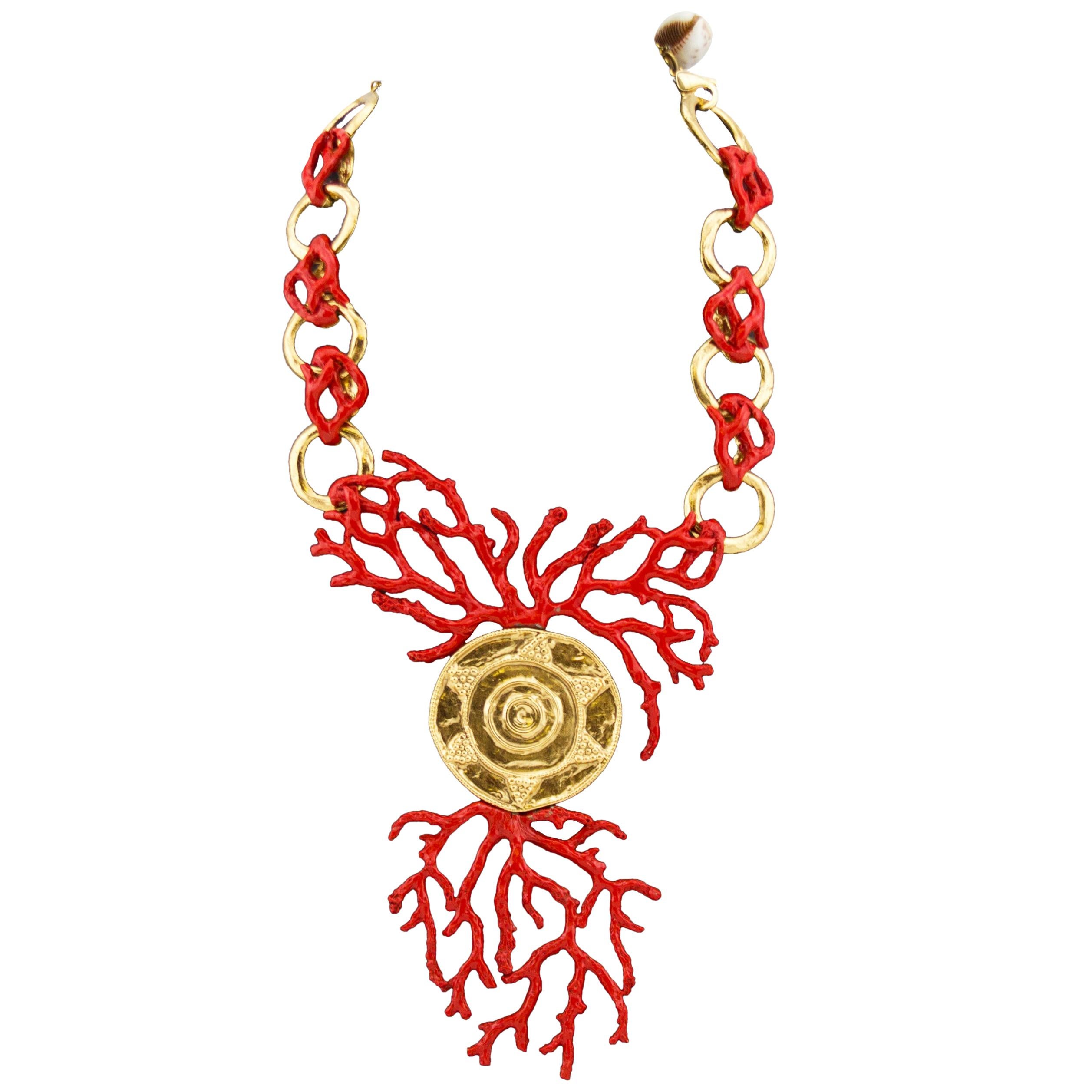 1980s Yves Saint Laurent Rive Gauche Red Enamel & Gold Coral Necklace 