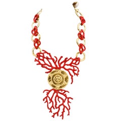 1980s Yves Saint Laurent Rive Gauche Red Enamel & Gold Coral Necklace