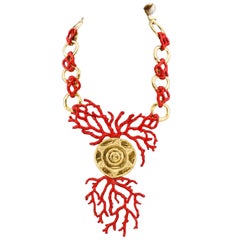 1980s Yves Saint Laurent Rive Gauche Red Enamel & Gold Coral Necklace 