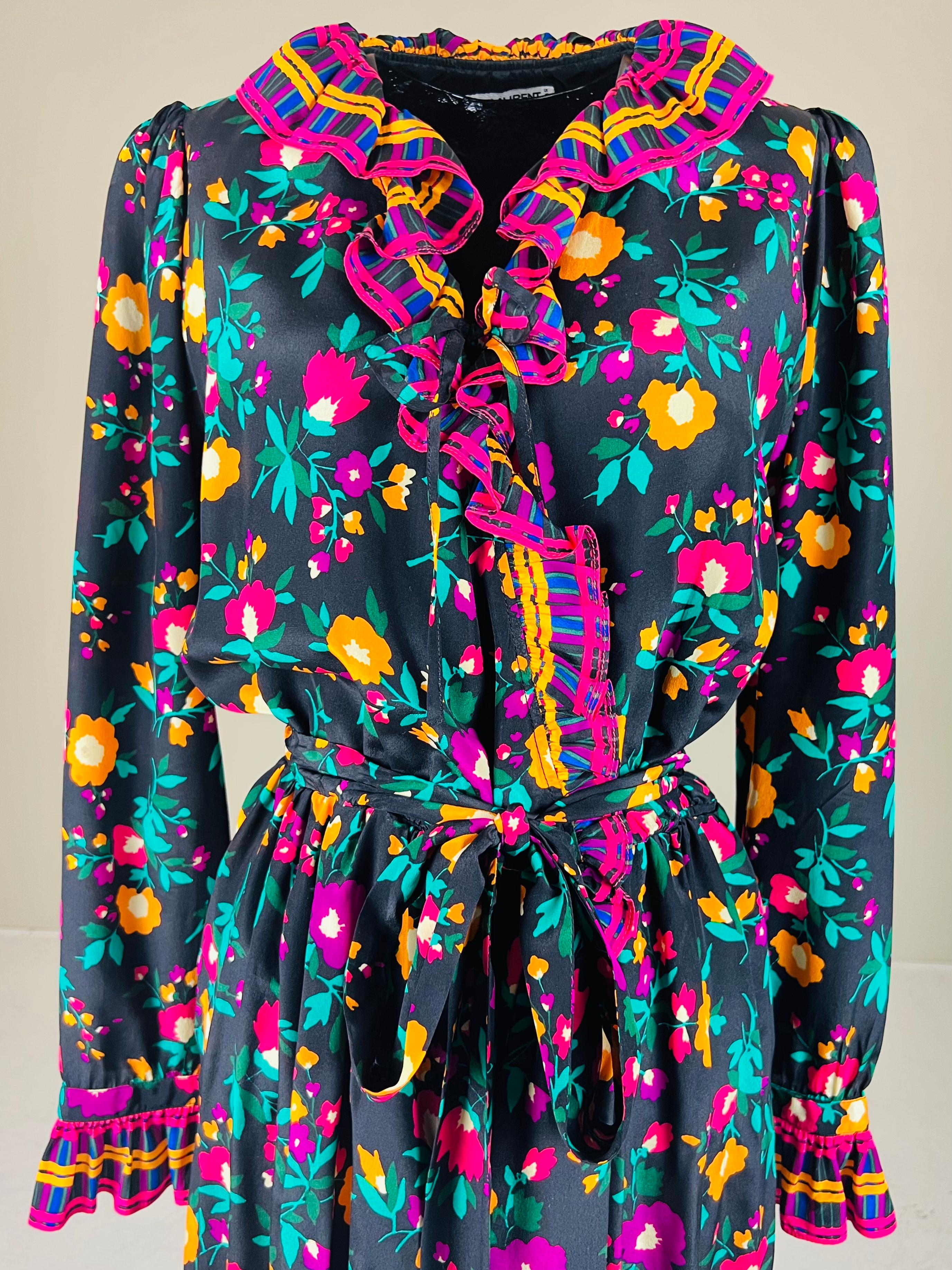 1980s Yves Saint Laurent Rive Gauche silk floral wrap dress For Sale 4