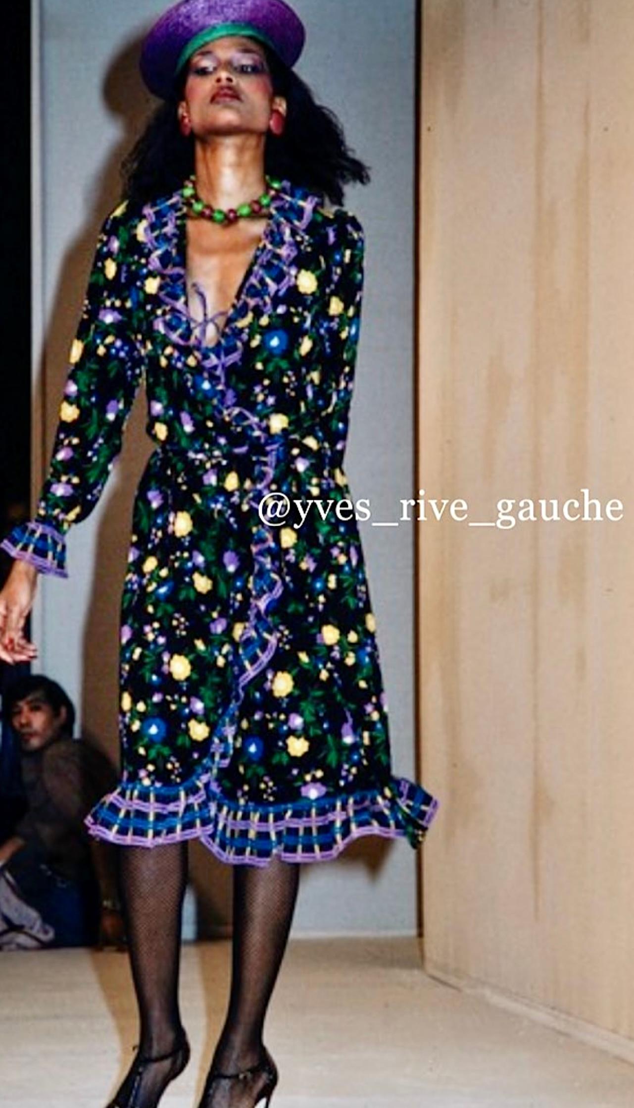 1980s Yves Saint Laurent Rive Gauche silk floral wrap dress For Sale 9