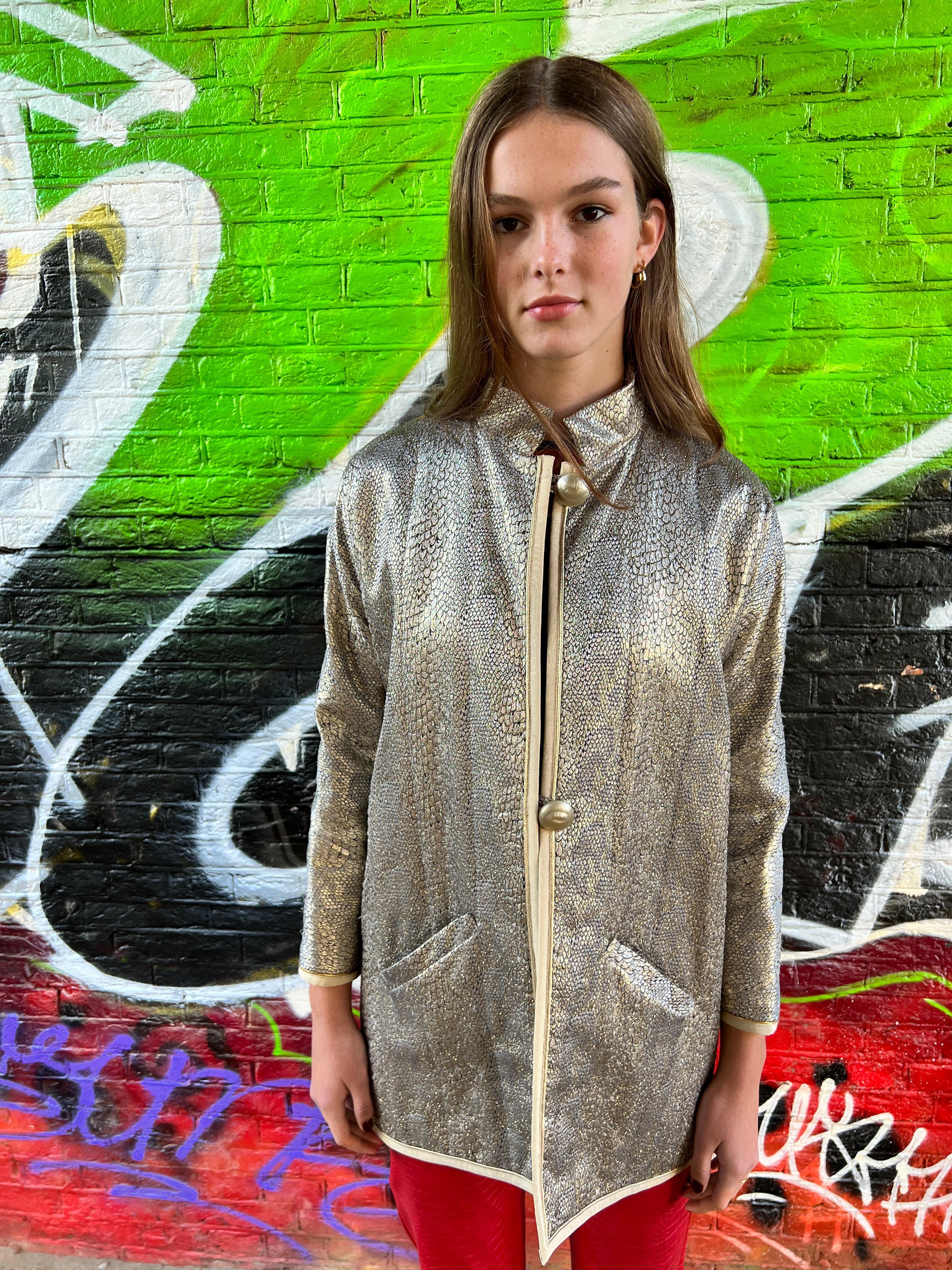 1980s Yves Saint Laurent Rive Gauche silver snakeskin embroidered jacket  For Sale 6