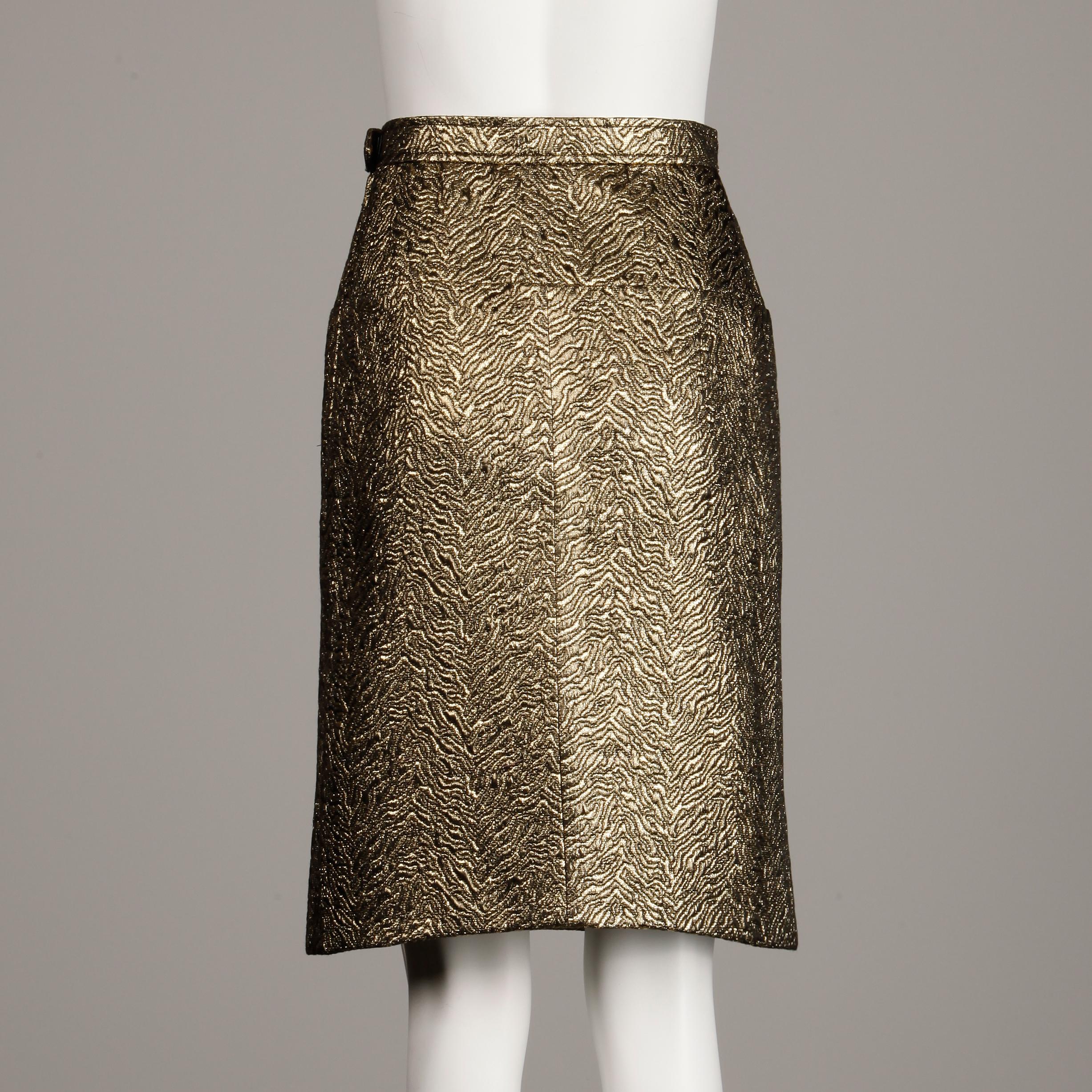 1980s Yves Saint Laurent Rive Gauche Vintage Gesteppter Metallic Gold Bleistiftrock im Angebot 1
