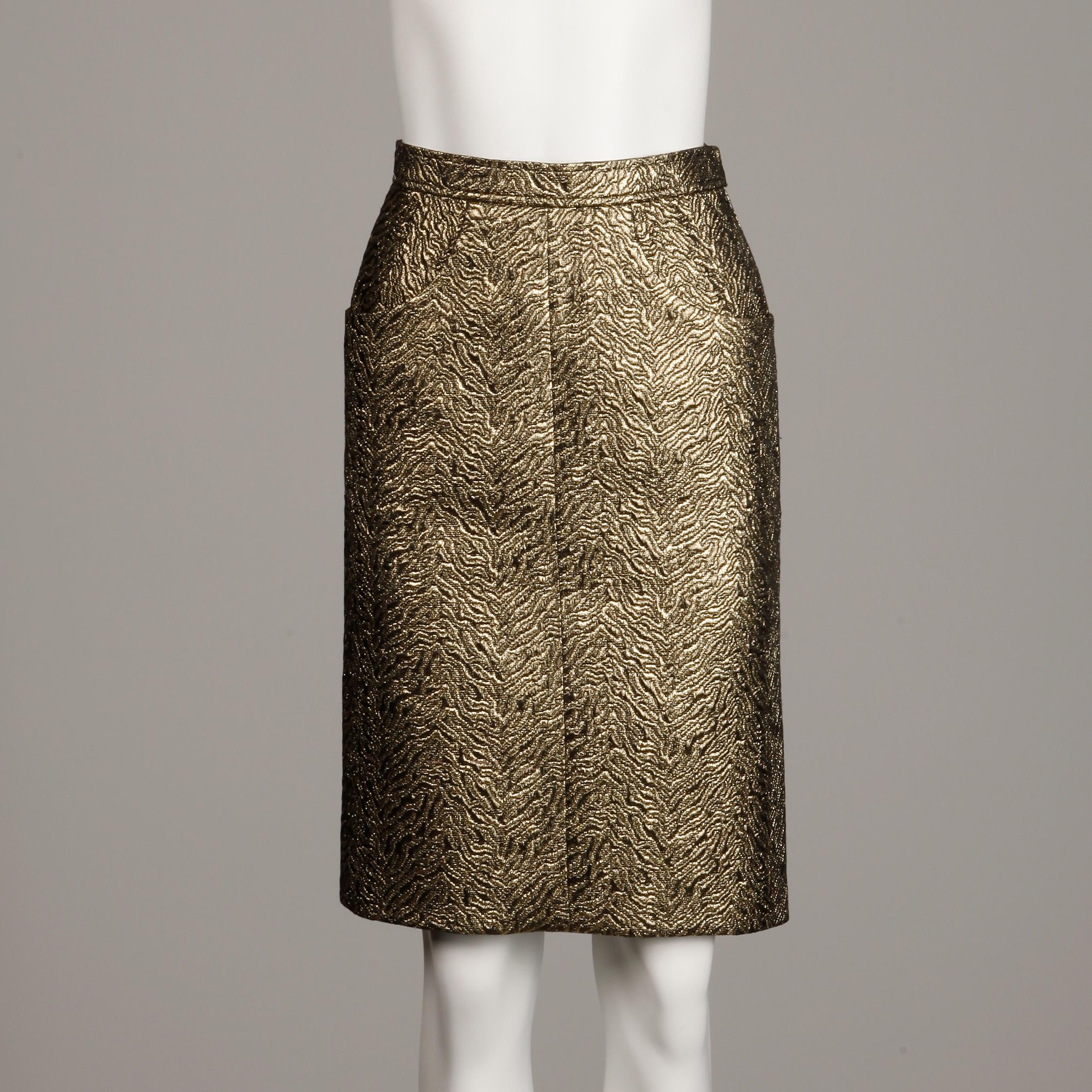 1980s Yves Saint Laurent Rive Gauche Vintage Gesteppter Metallic Gold Bleistiftrock im Angebot 2
