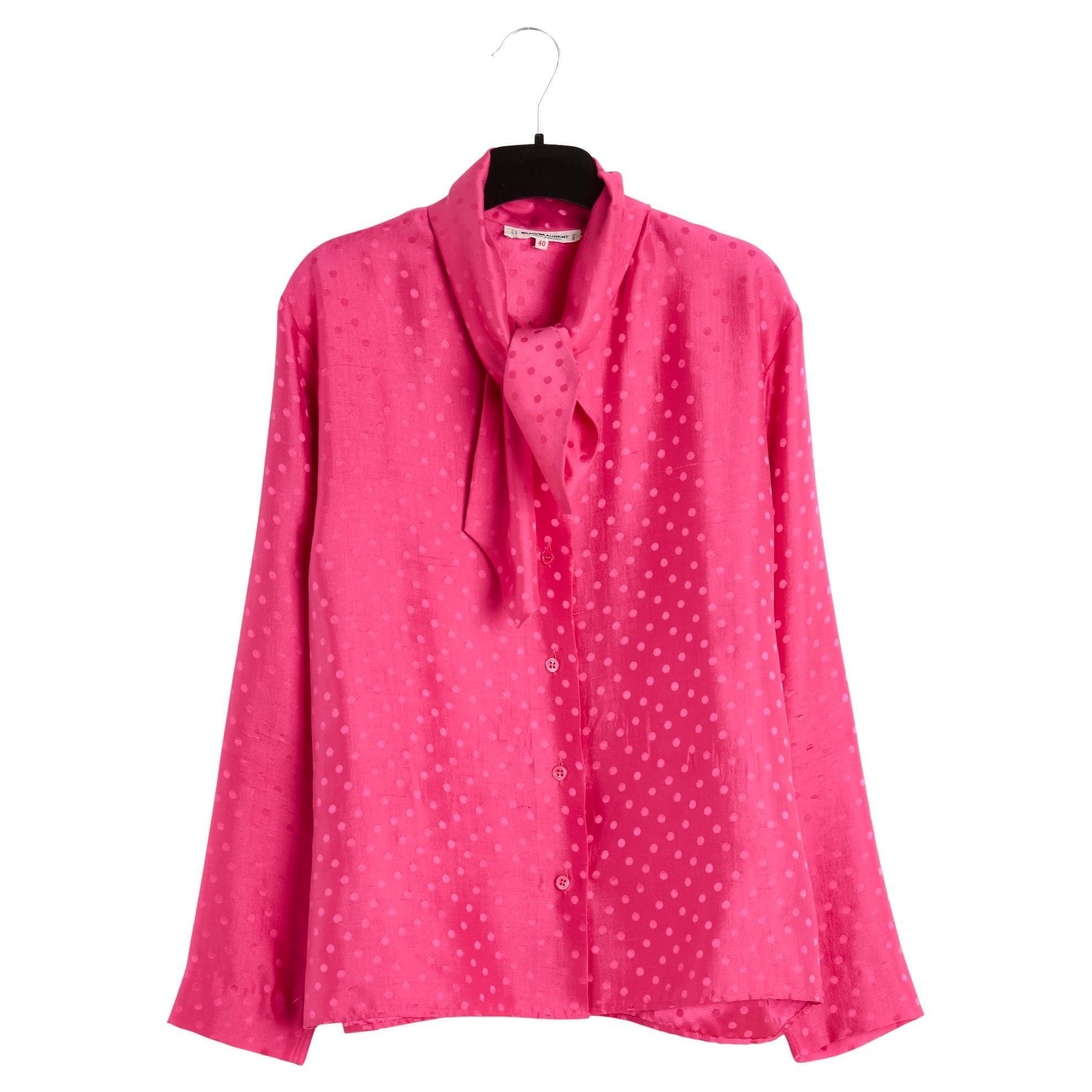 1980s Yves Saint Laurent Rive Gauche YSL Top FR38 Pink Silk Polka Dots Blouse M