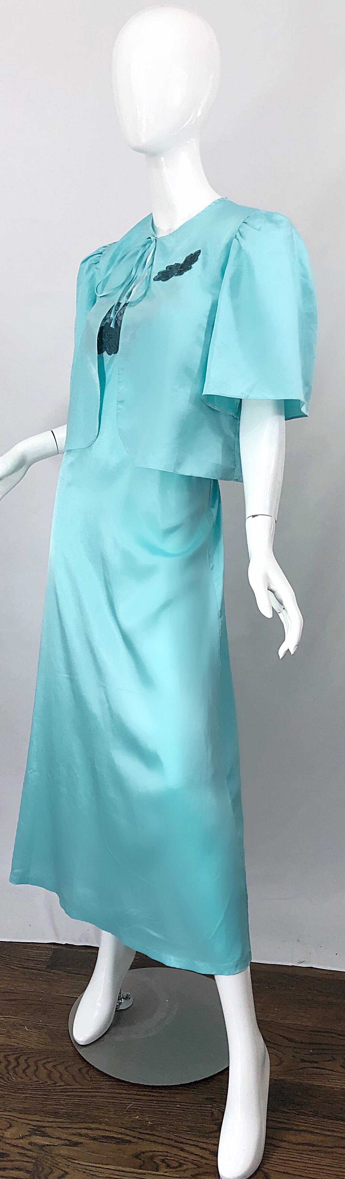 1980s Yves Saint Laurent Robins Egg Blue Vintage 80s Negligee + Jacket Set YSL In Excellent Condition For Sale In San Diego, CA