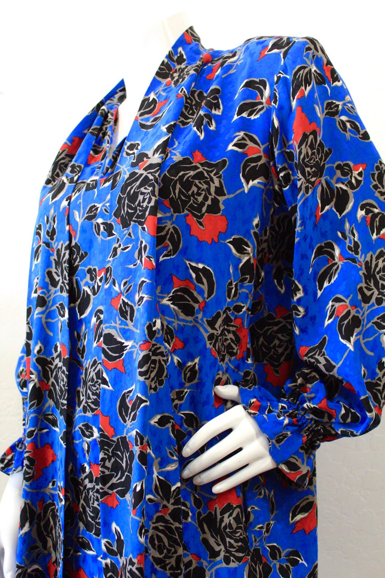 Blue Yves Saint Laurent 1980s Silk Floral Print Dress For Sale