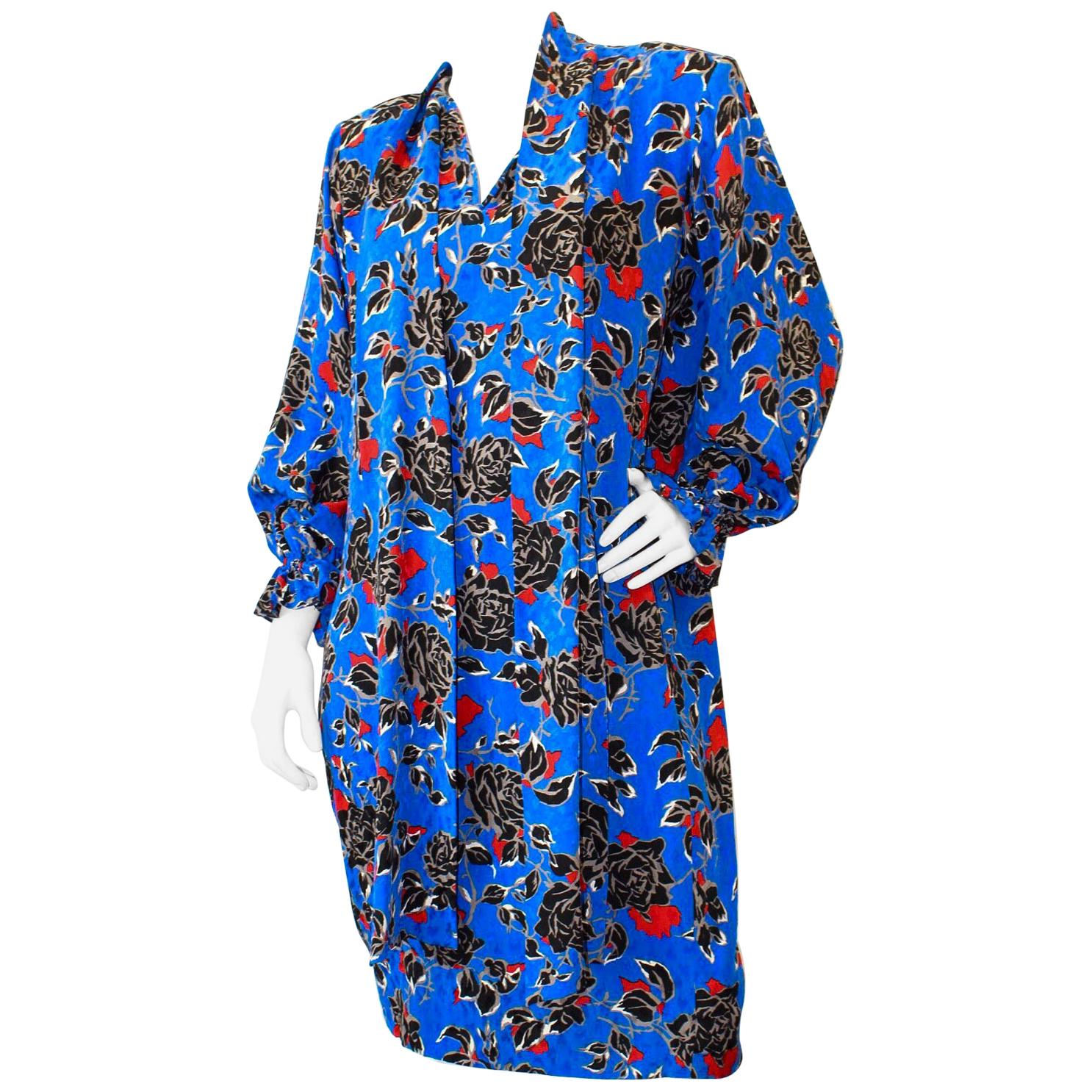 Yves Saint Laurent 1980s Silk Floral Print Dress For Sale
