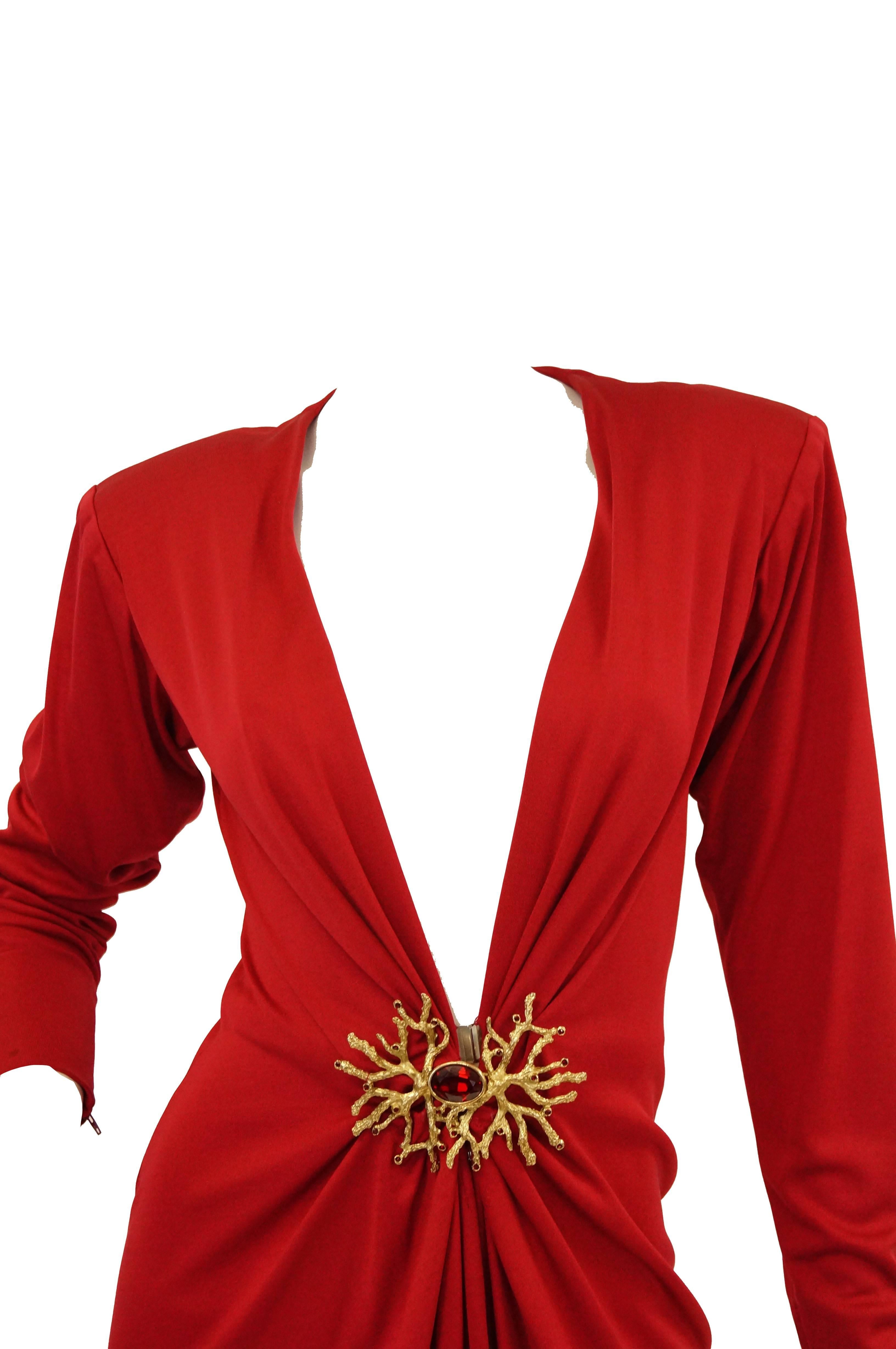Yves Saint Laurent Silk Jersey Red Plunge Front Dress, 1980s In Excellent Condition In Houston, TX