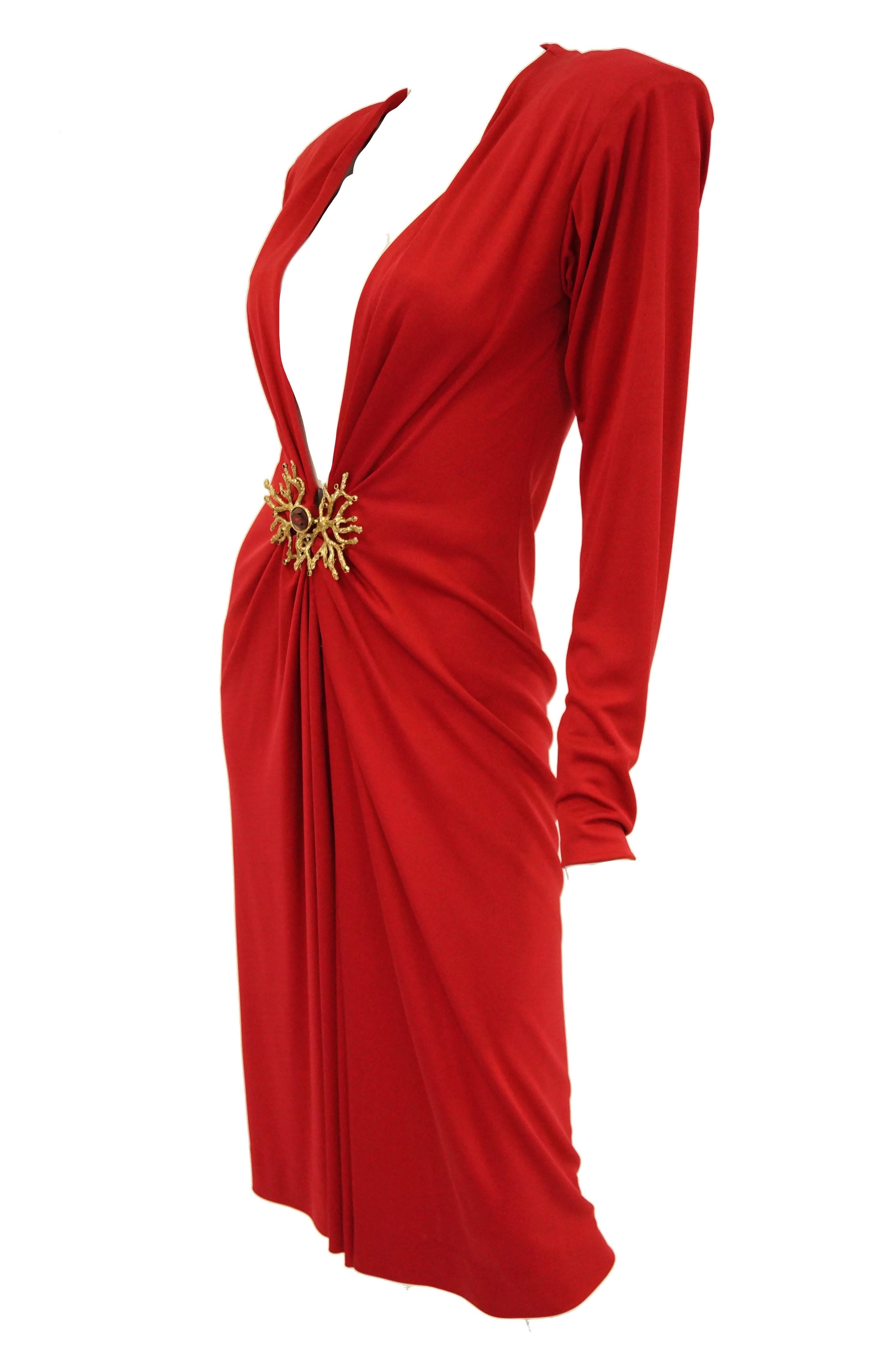 Yves Saint Laurent Silk Jersey Red Plunge Front Dress, 1980s 1