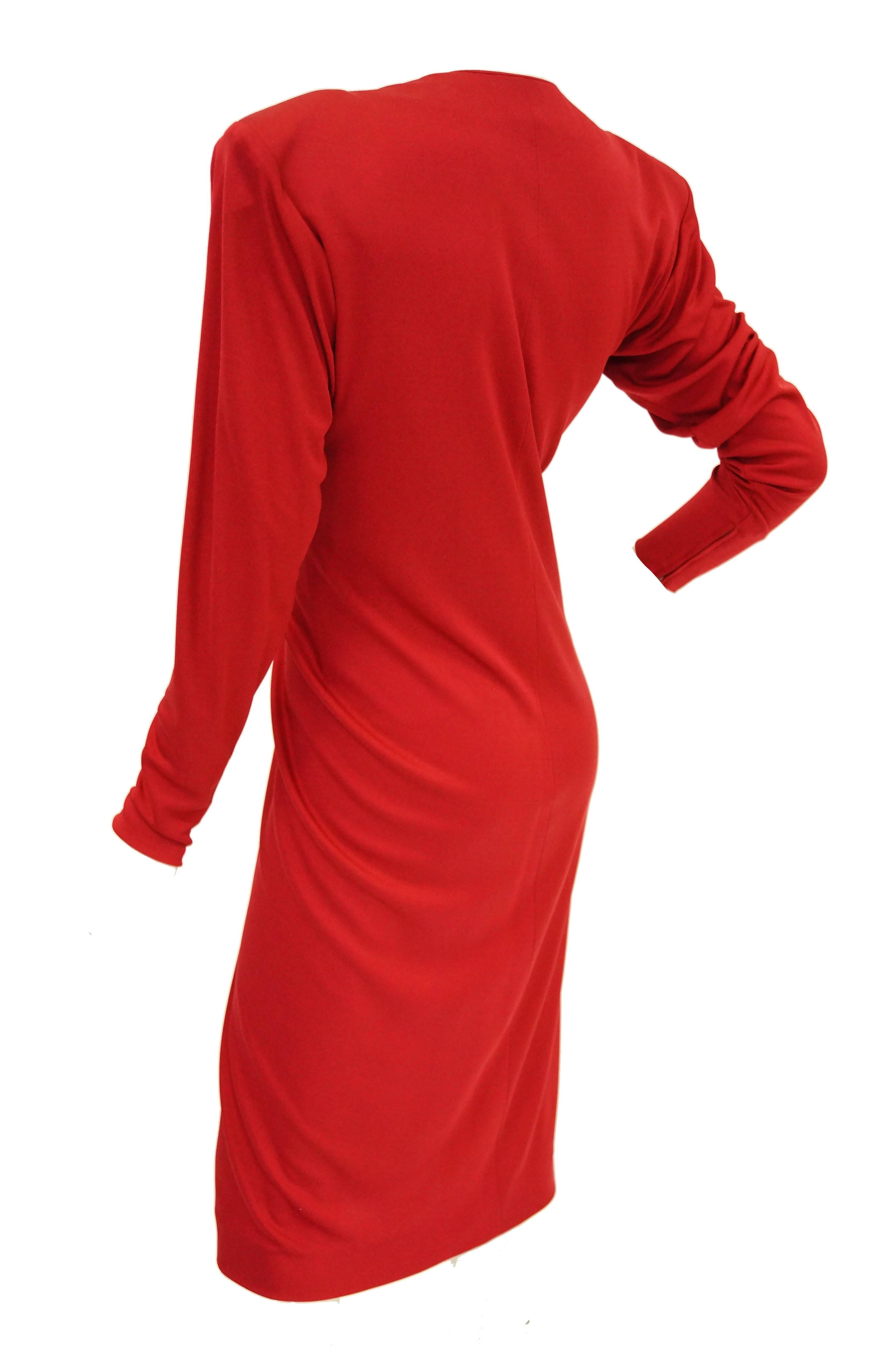Yves Saint Laurent Silk Jersey Red Plunge Front Dress, 1980s 2