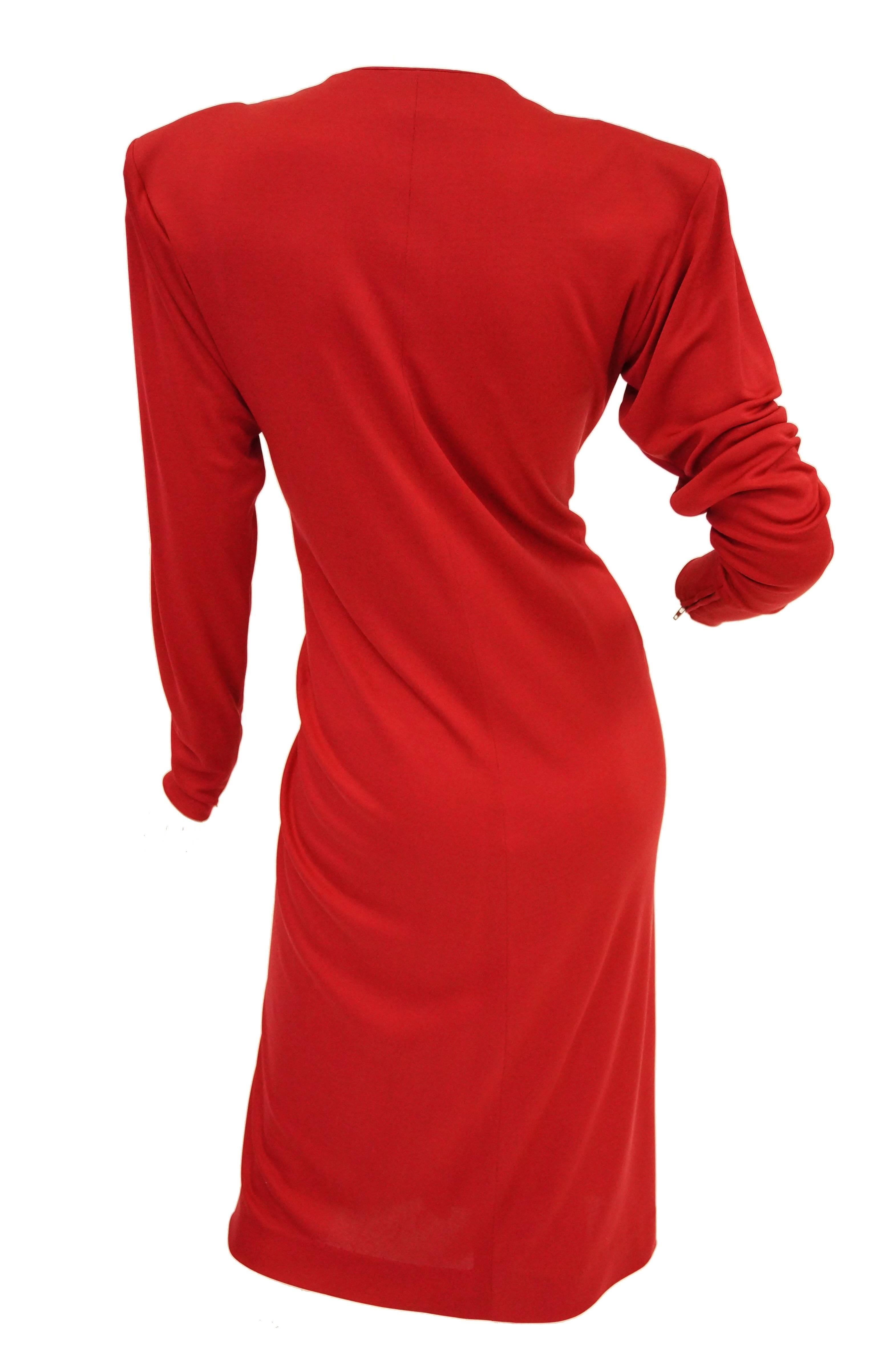 Yves Saint Laurent Silk Jersey Red Plunge Front Dress, 1980s 3