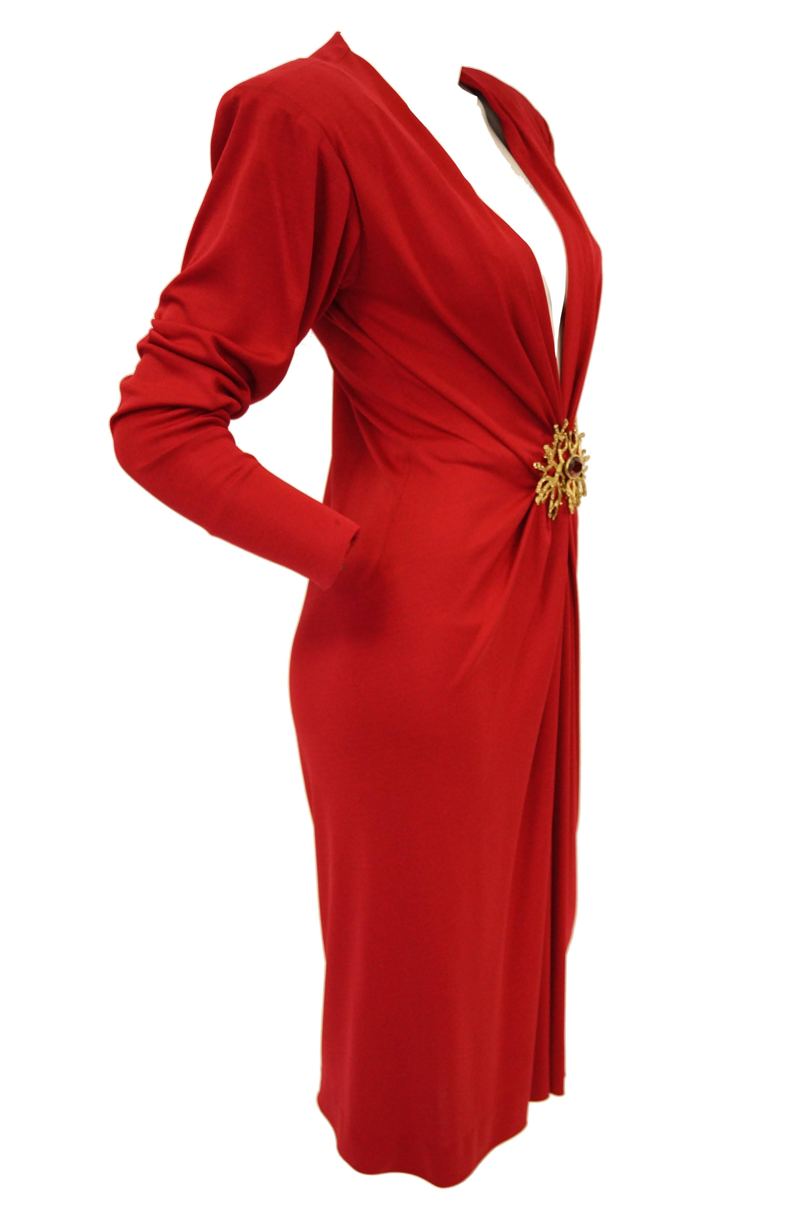 Yves Saint Laurent Silk Jersey Red Plunge Front Dress, 1980s 5